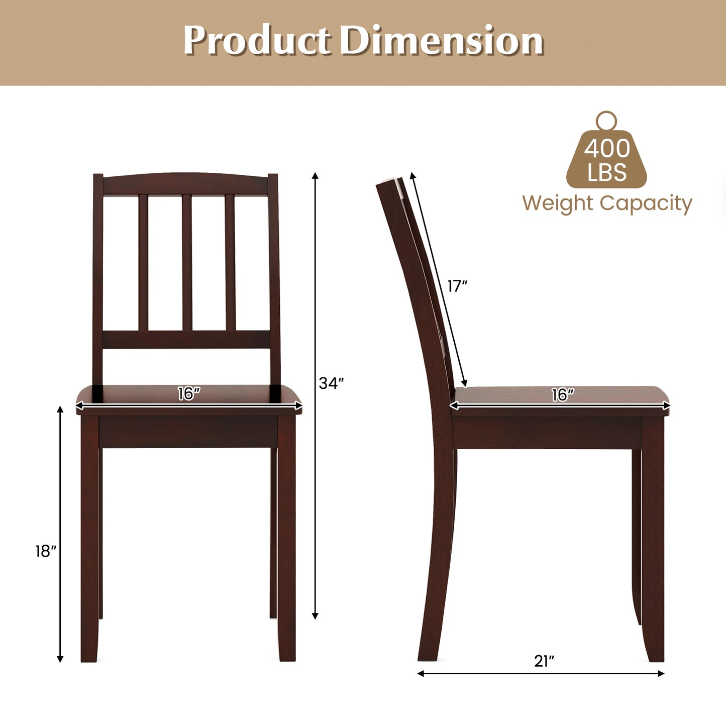 Wooden Dining Chairs with Rubber Wood Legs and Curved Backrest - Brown, Set of 2