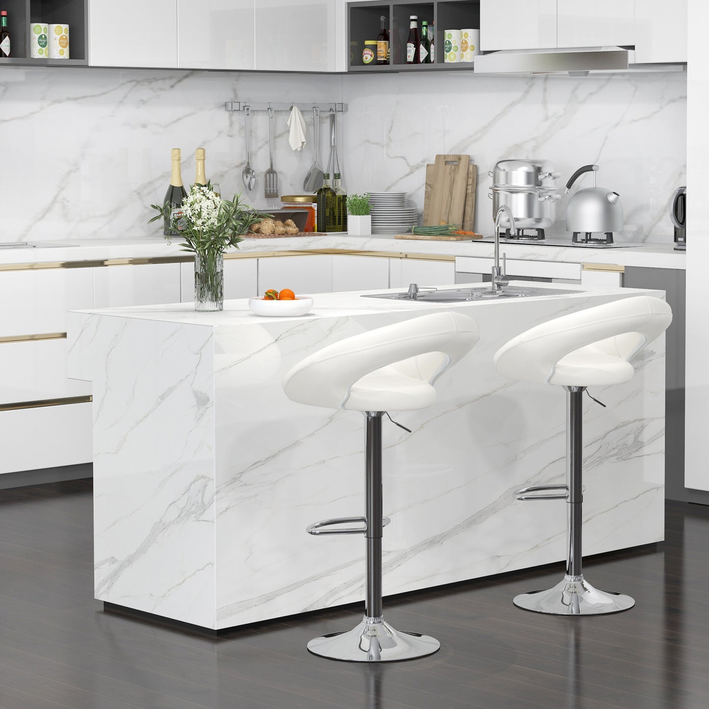 2-Piece Adjustable Swivel Bar Chairs with Stylish Hollow Back and Footrest - White