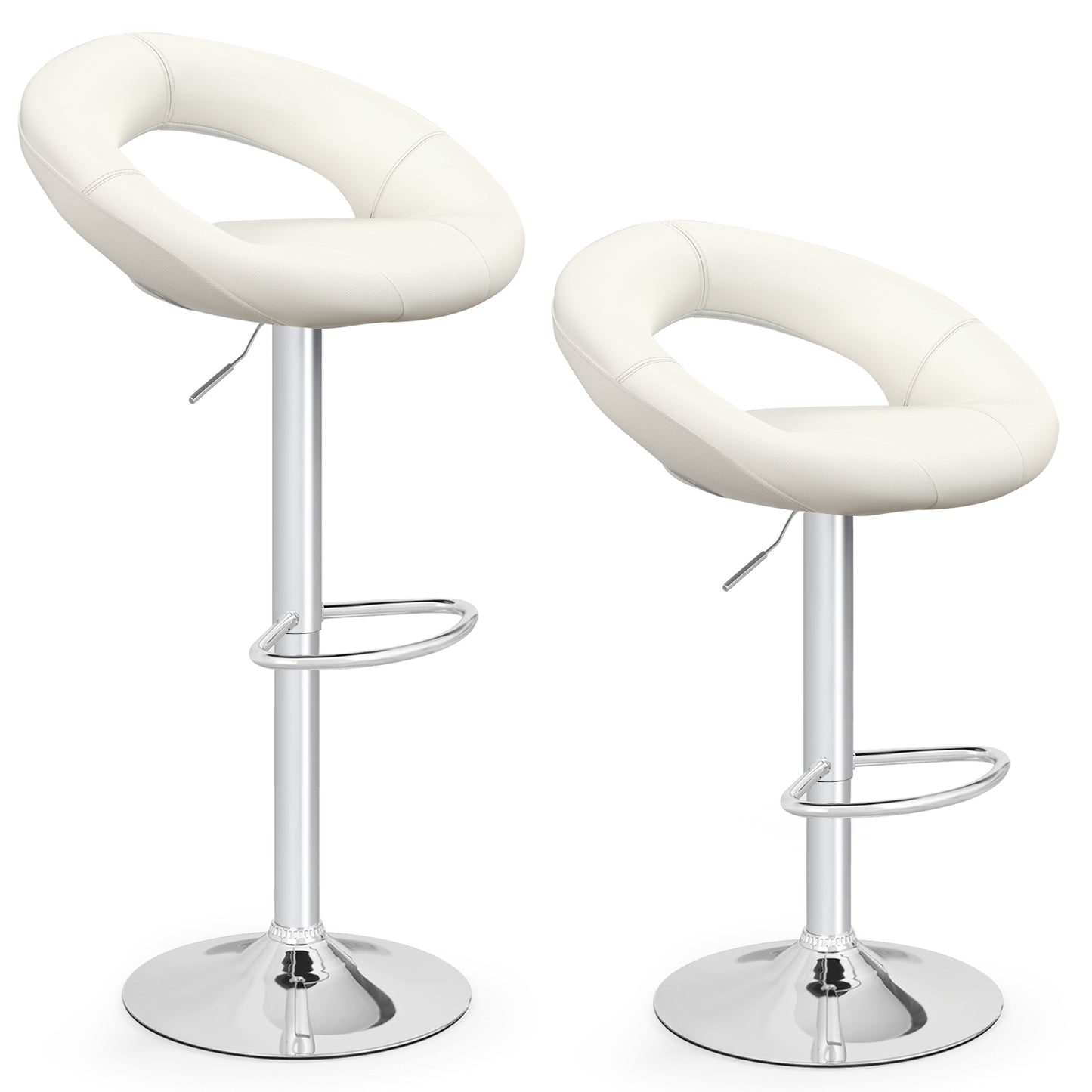 2-Piece Adjustable Swivel Bar Chairs with Stylish Hollow Back and Footrest - White