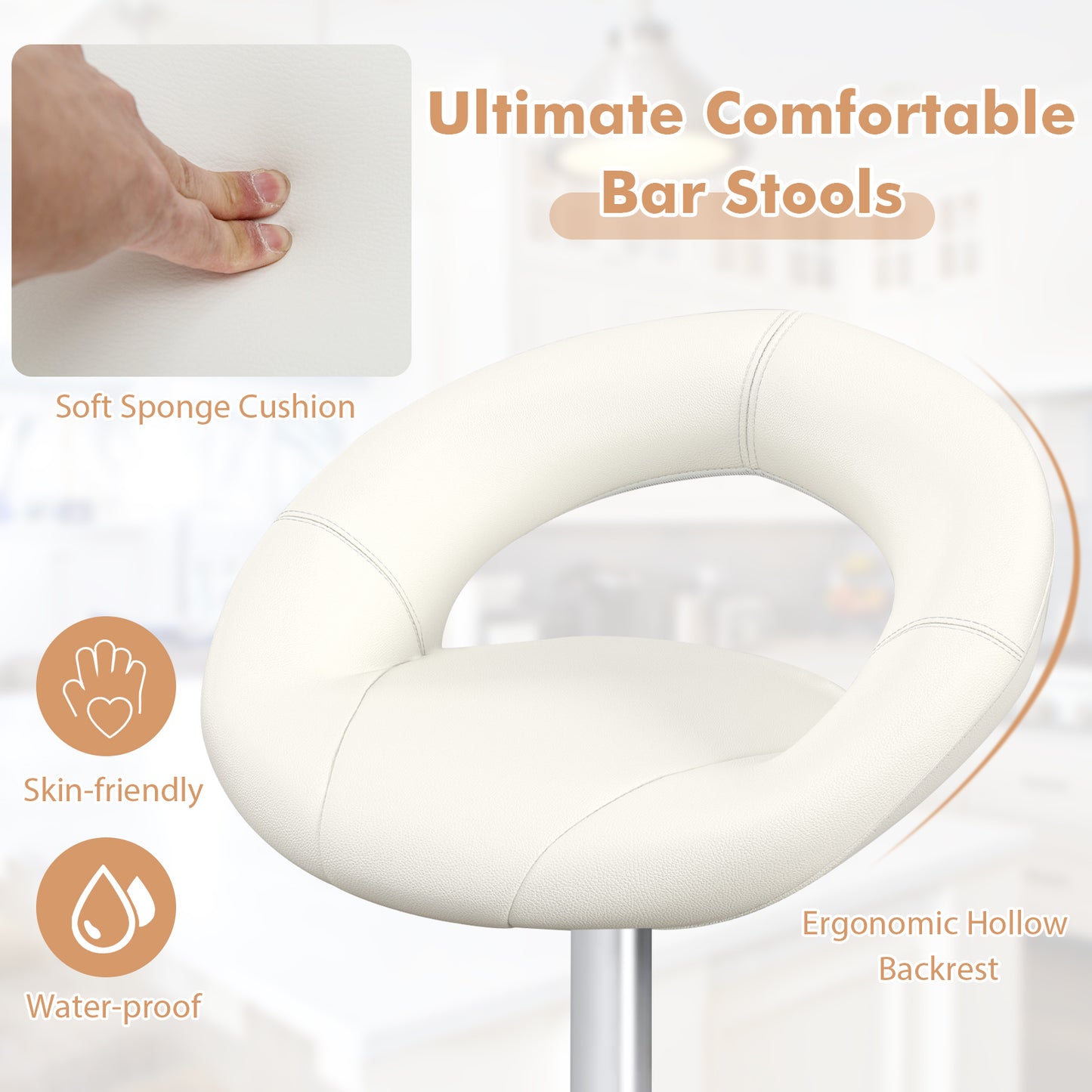 2-Piece Adjustable Swivel Bar Chairs with Stylish Hollow Back and Footrest - White