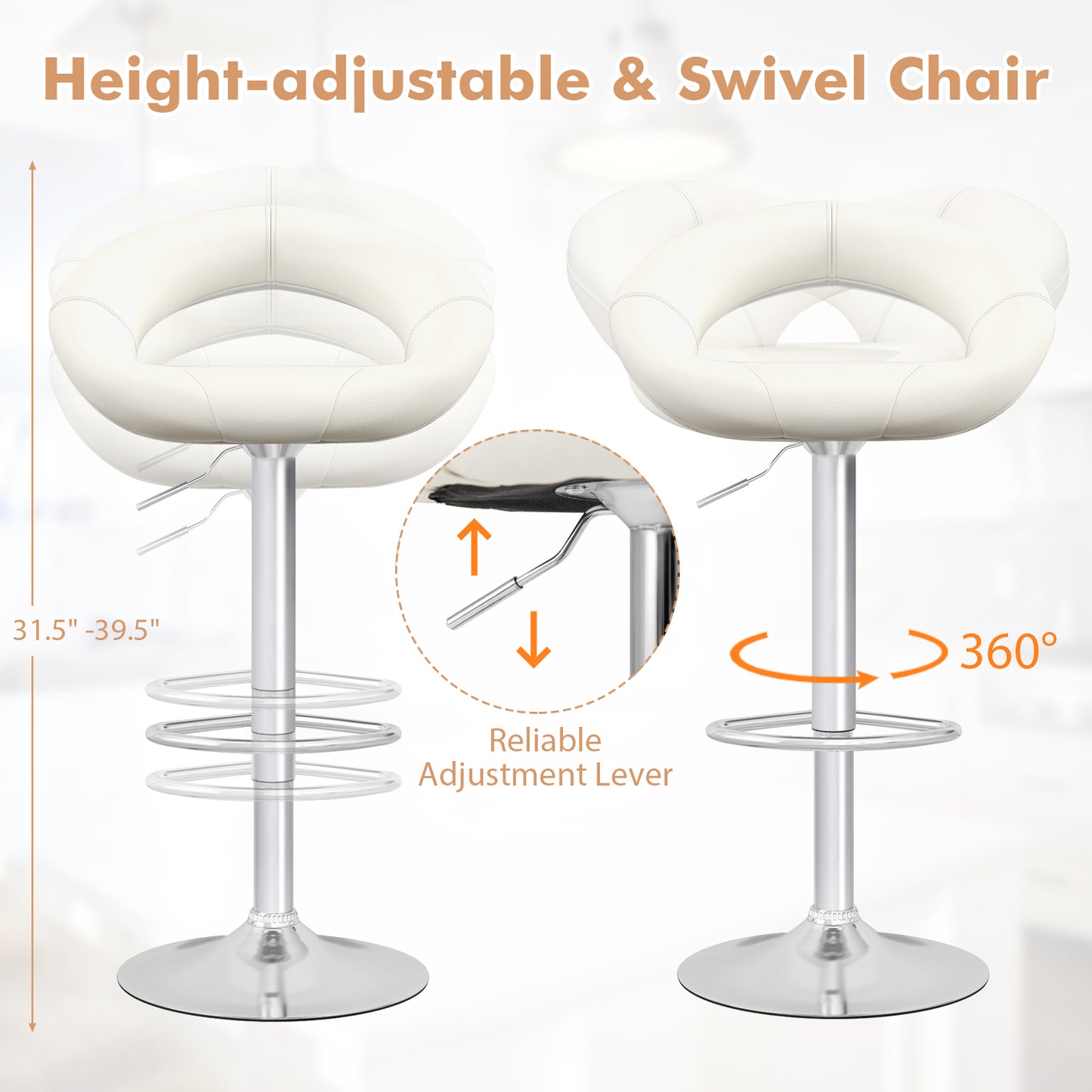 2-Piece Adjustable Swivel Bar Chairs with Stylish Hollow Back and Footrest - White