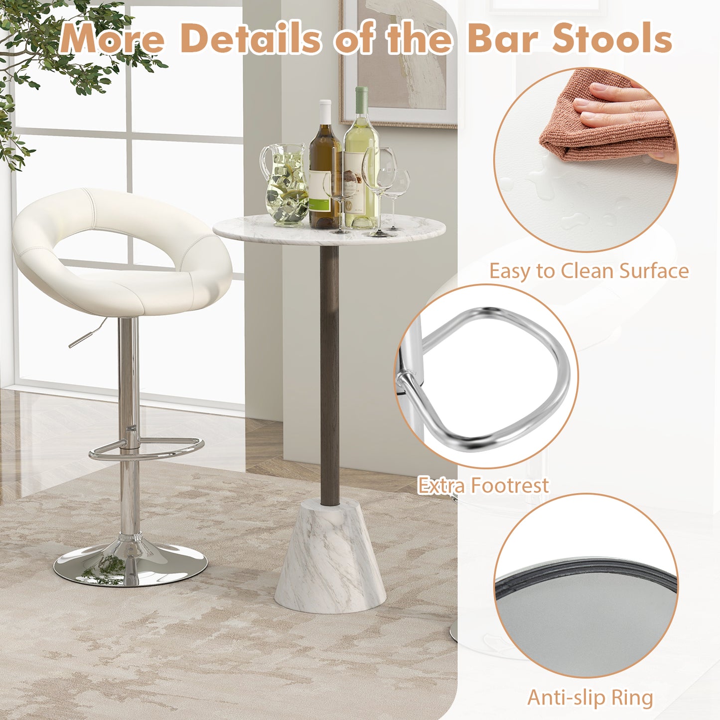 2-Piece Adjustable Swivel Bar Chairs with Stylish Hollow Back and Footrest - White