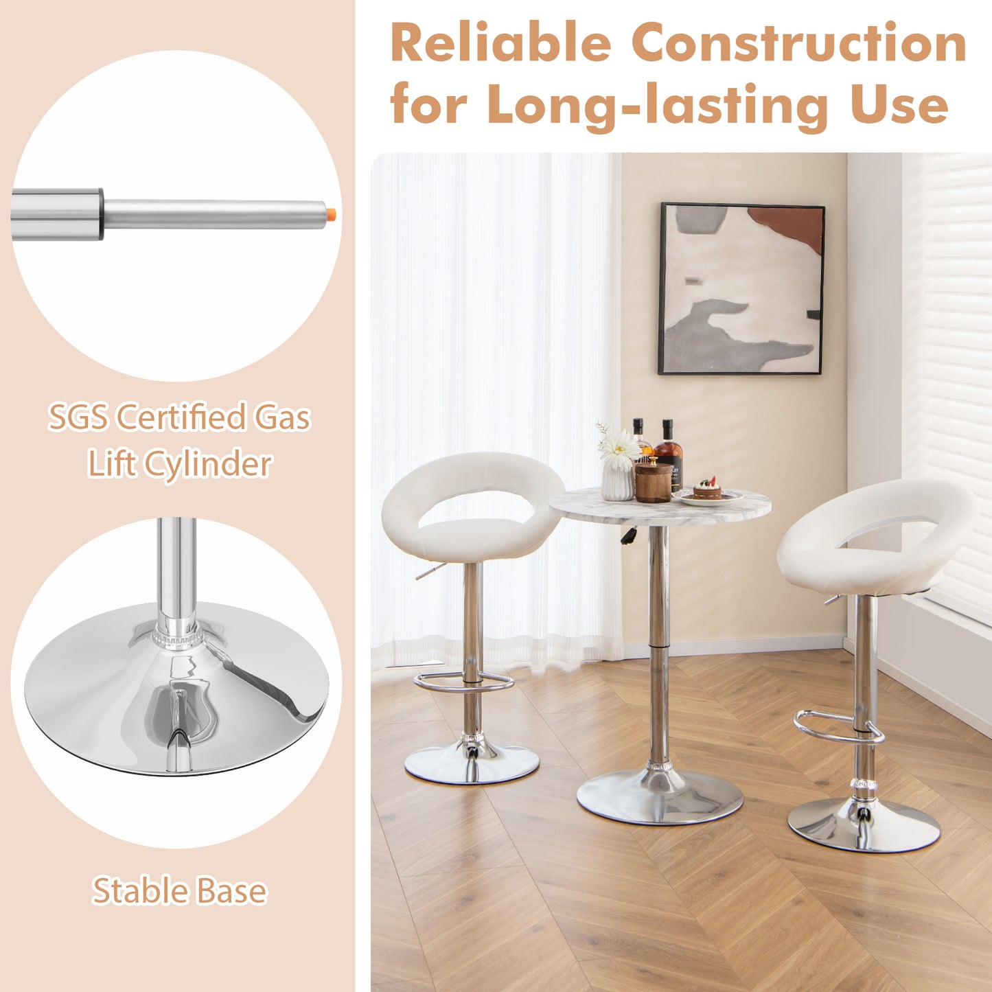 2-Piece Adjustable Swivel Bar Chairs with Stylish Hollow Back and Footrest - White