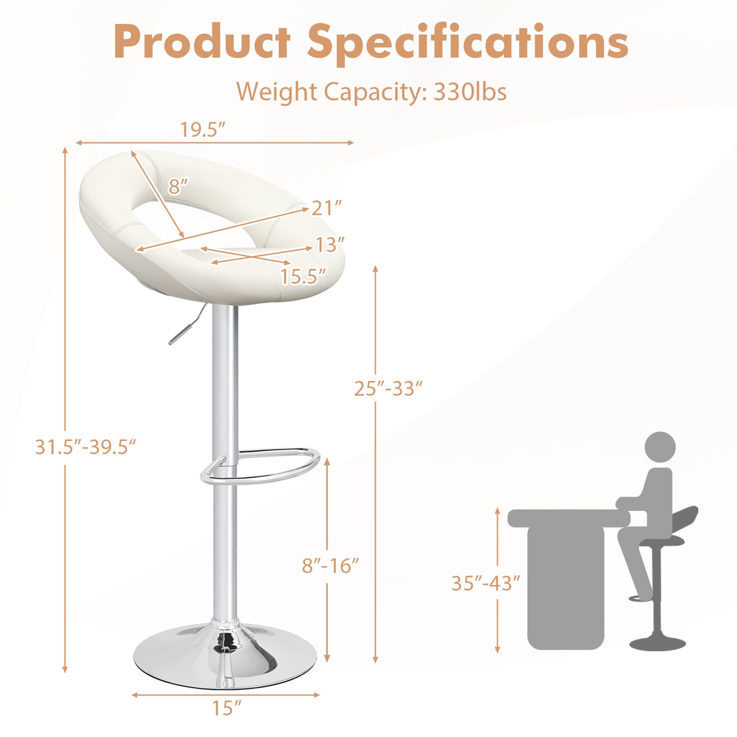 2-Piece Adjustable Swivel Bar Chairs with Stylish Hollow Back and Footrest - White