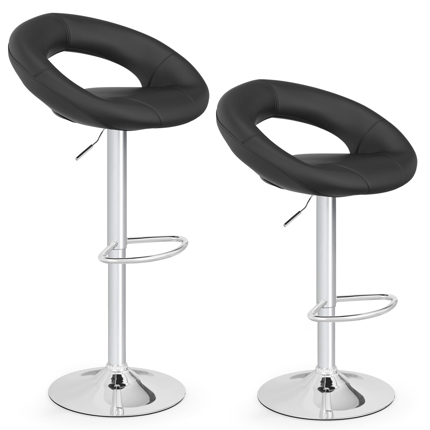 2-Piece Adjustable Swivel Bar Chairs with Stylish Hollow Back and Footrest - Black