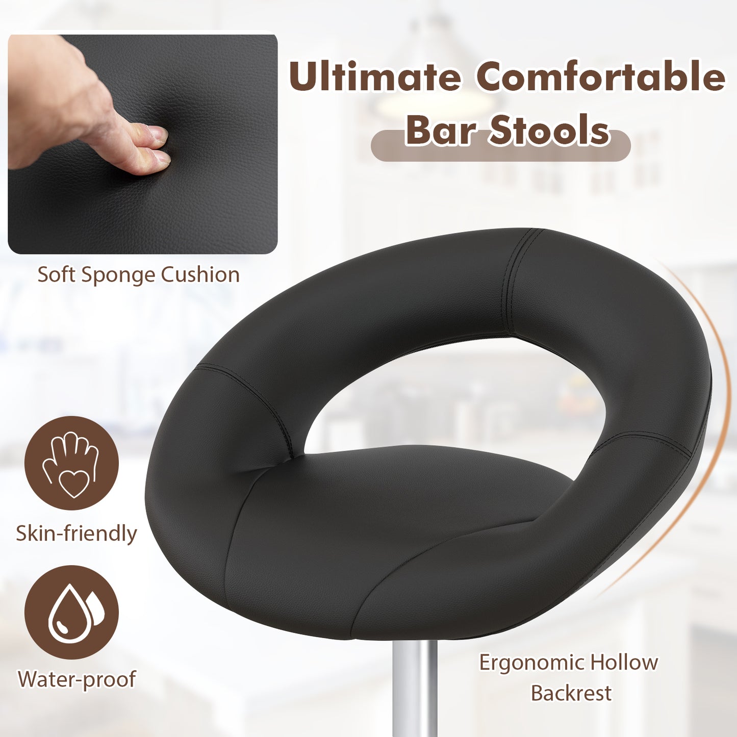 2-Piece Adjustable Swivel Bar Chairs with Stylish Hollow Back and Footrest - Black