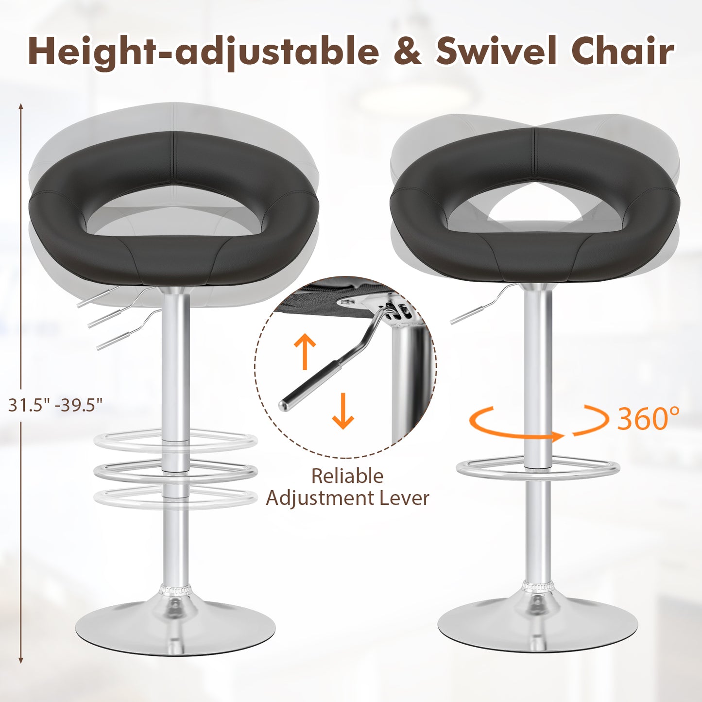 2-Piece Adjustable Swivel Bar Chairs with Stylish Hollow Back and Footrest - Black
