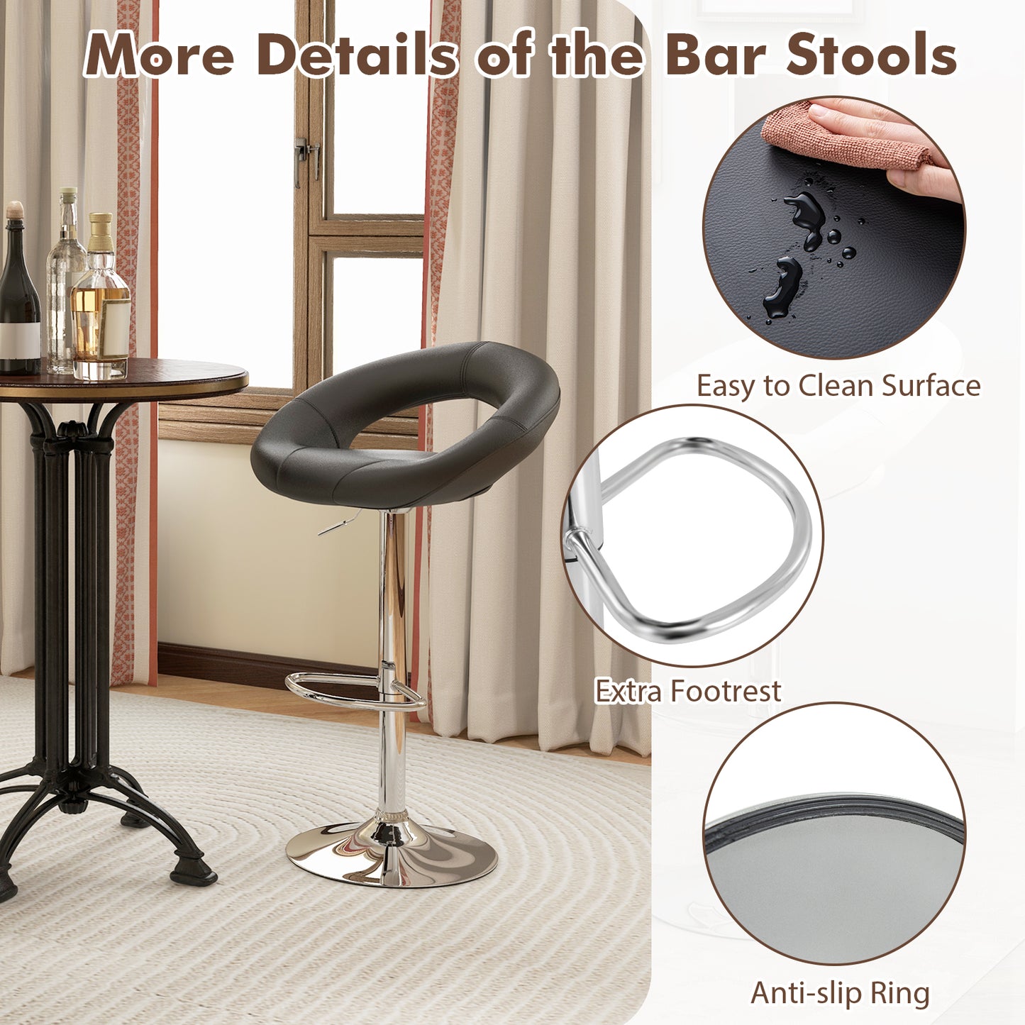 2-Piece Adjustable Swivel Bar Chairs with Stylish Hollow Back and Footrest - Black