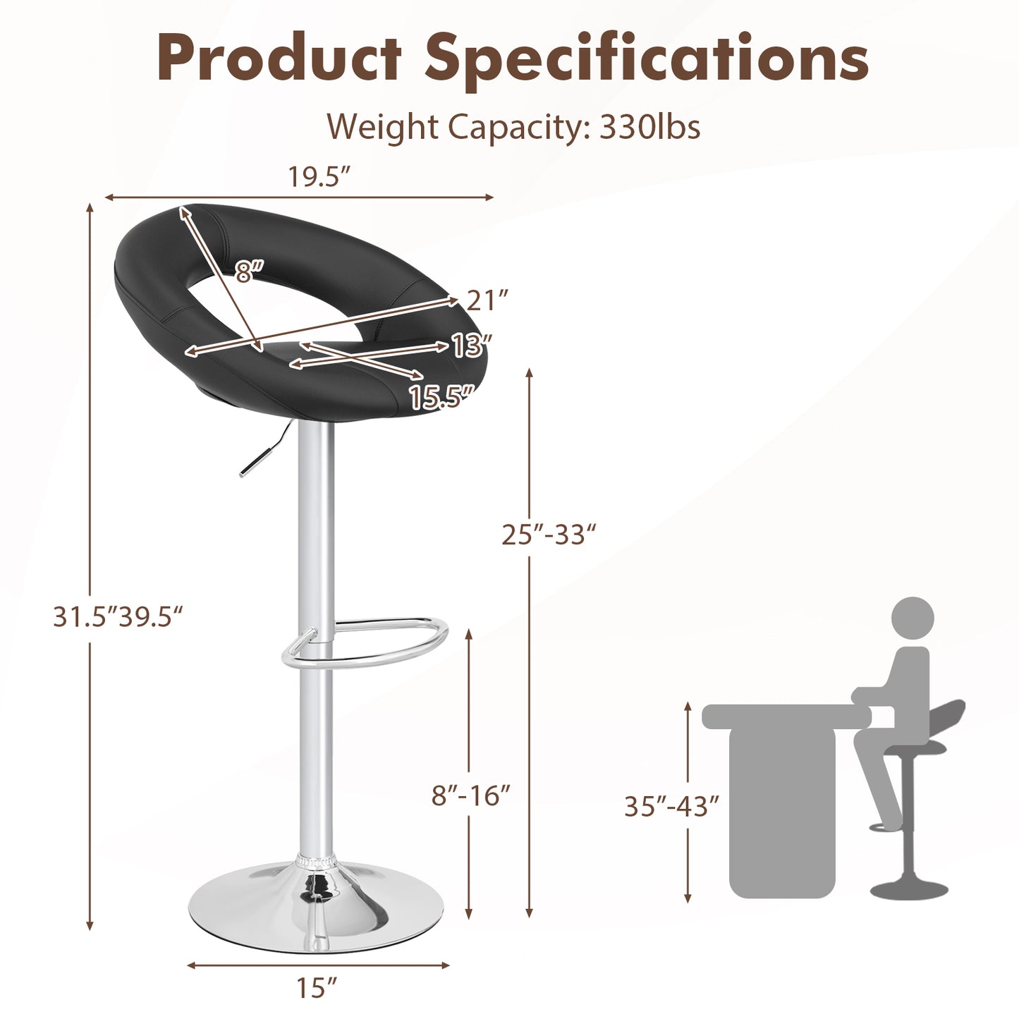 2-Piece Adjustable Swivel Bar Chairs with Stylish Hollow Back and Footrest - Black