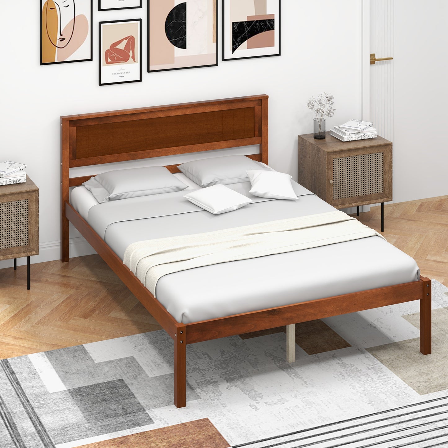 Classic Walnut Finish Wooden Bed Frame with Headboard and Slat Support – Full Size