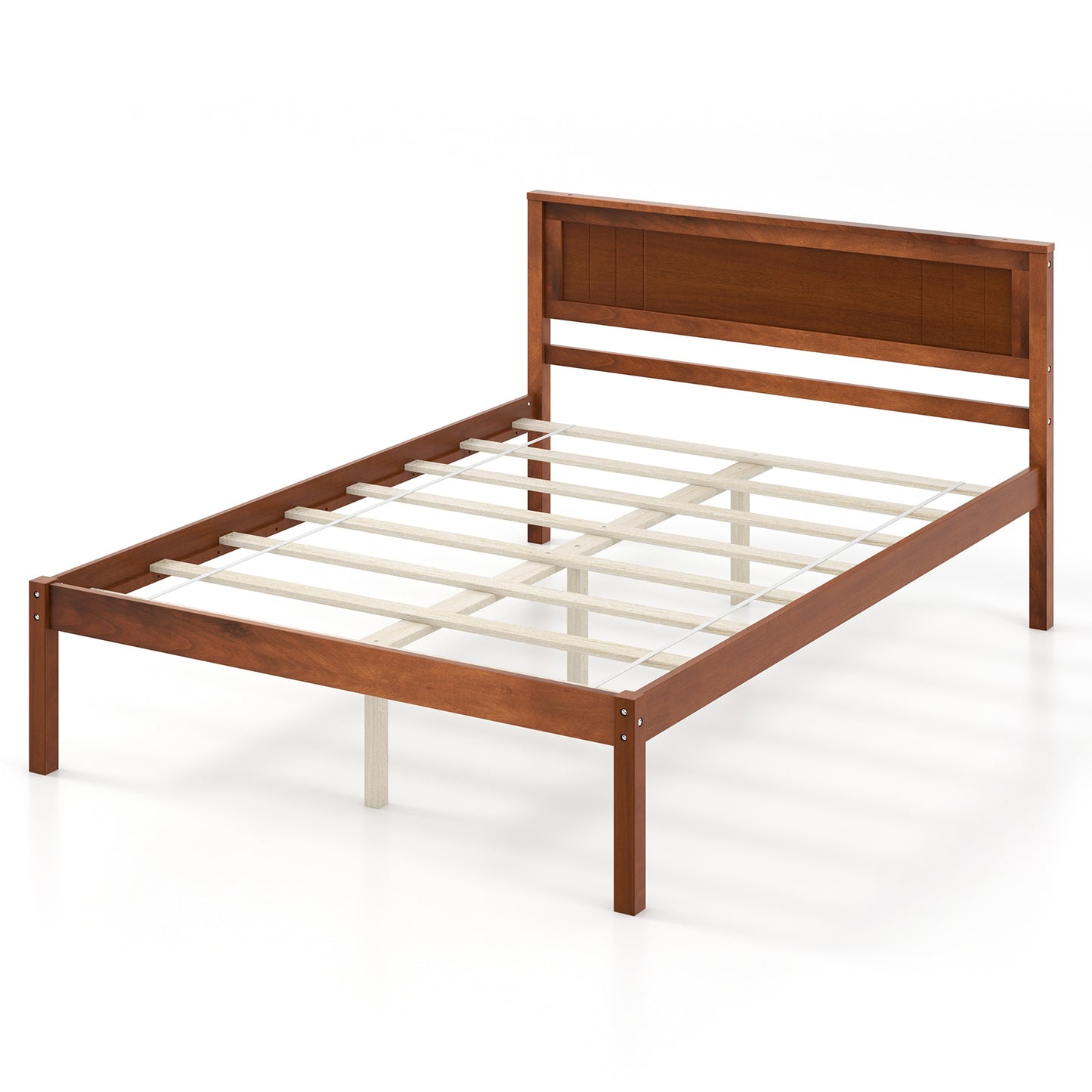 Classic Walnut Finish Wooden Bed Frame with Headboard and Slat Support – Full Size