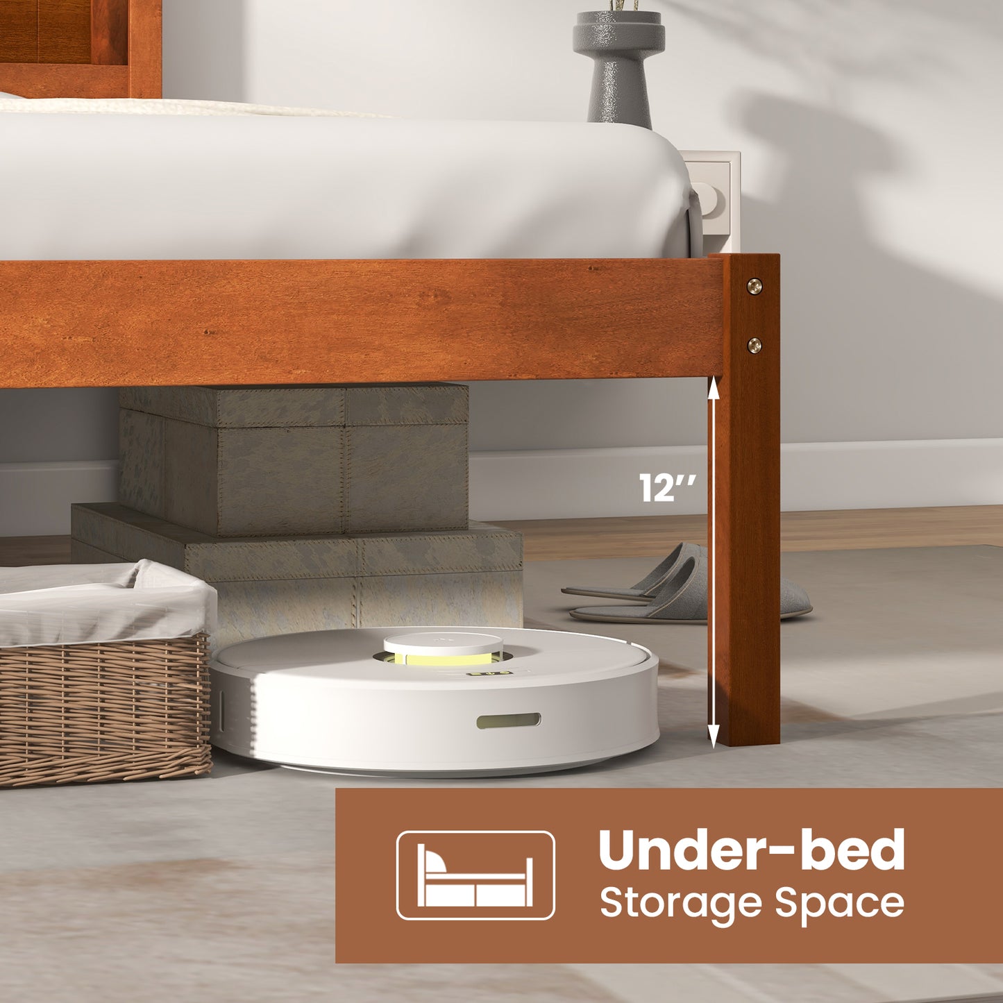 Classic Walnut Finish Wooden Bed Frame with Headboard and Slat Support – Full Size
