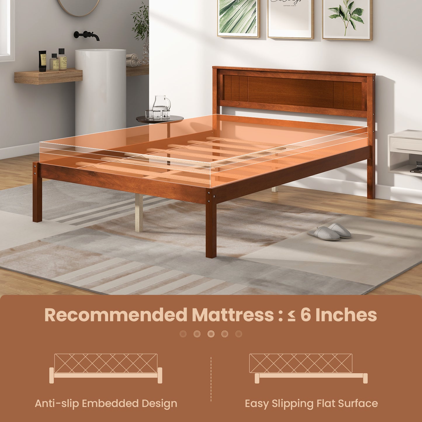 Classic Walnut Finish Wooden Bed Frame with Headboard and Slat Support – Full Size
