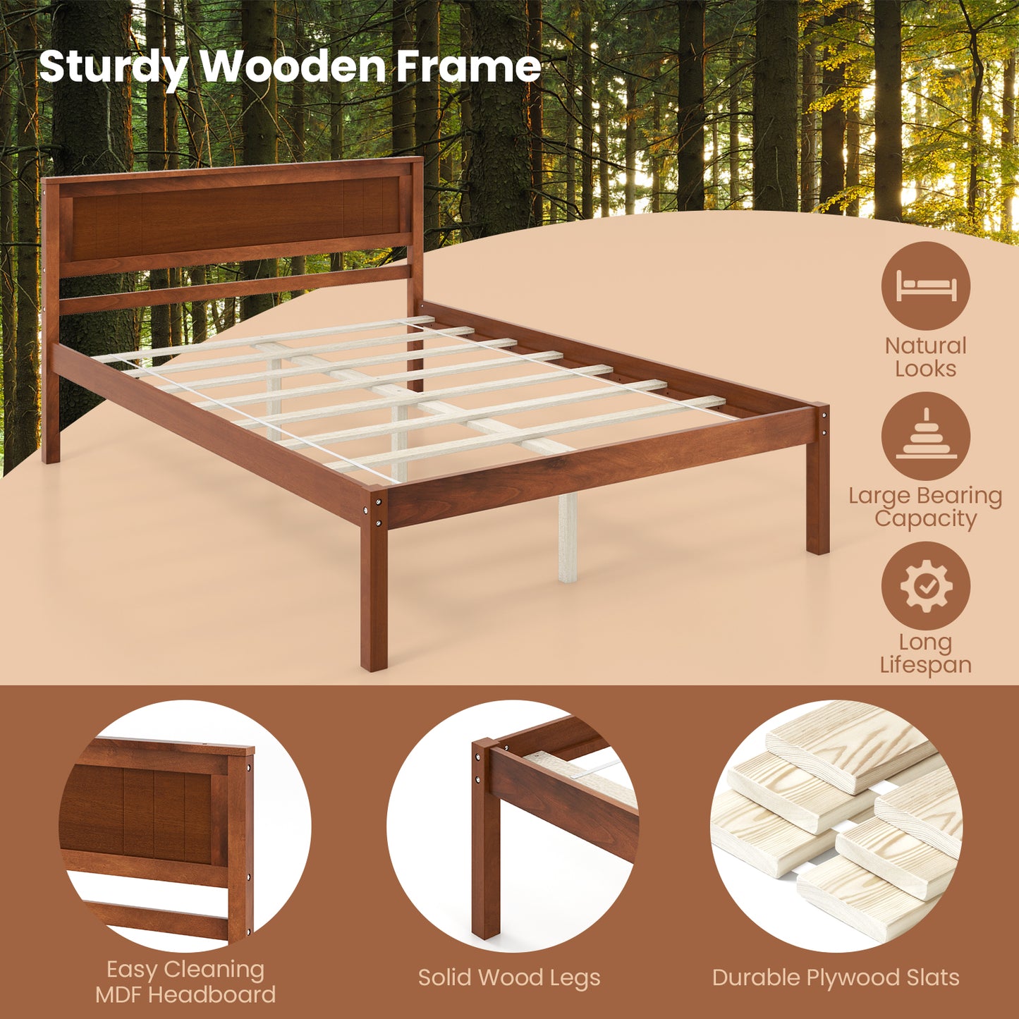 Classic Walnut Finish Wooden Bed Frame with Headboard and Slat Support – Full Size