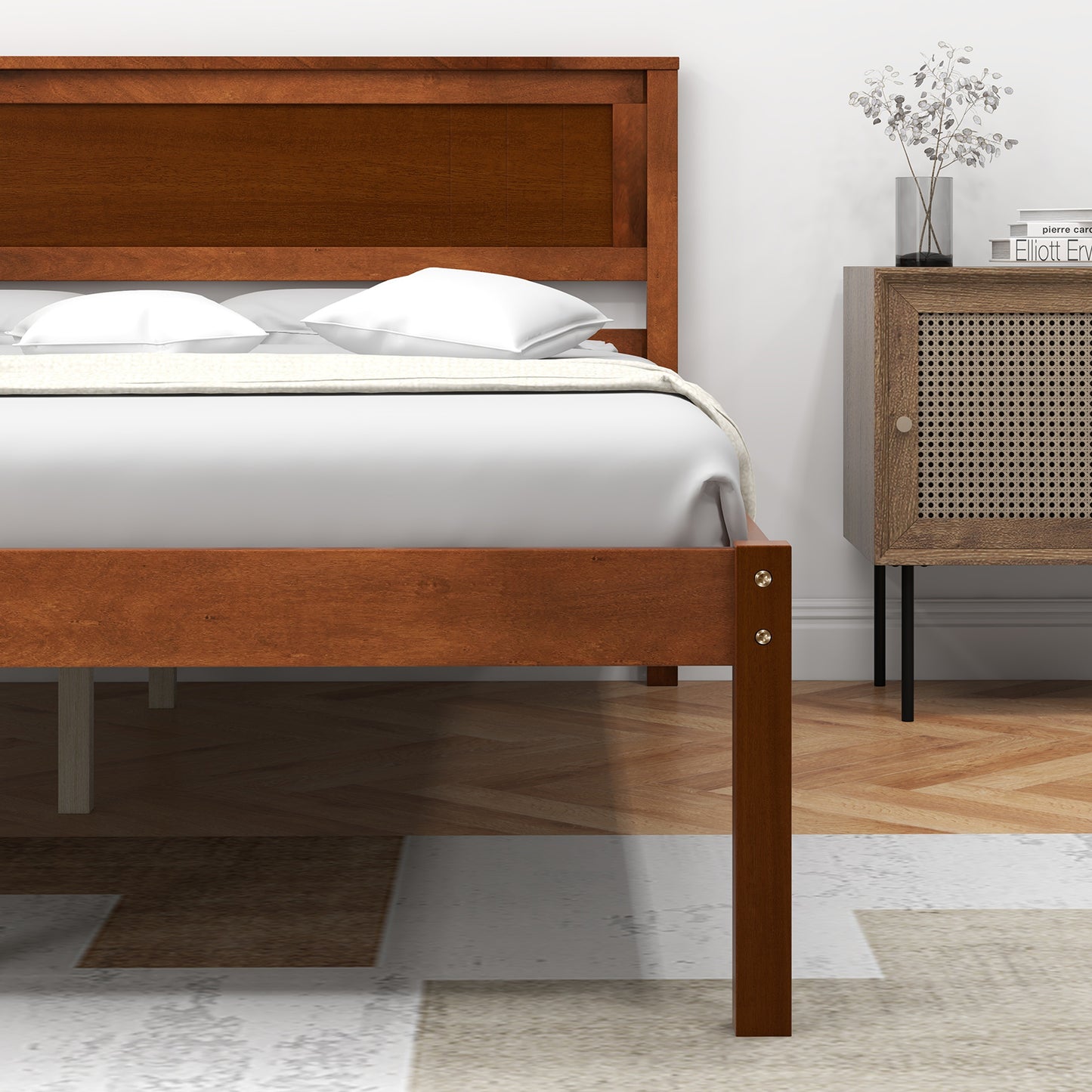 Classic Walnut Finish Wooden Bed Frame with Headboard and Slat Support – Full Size