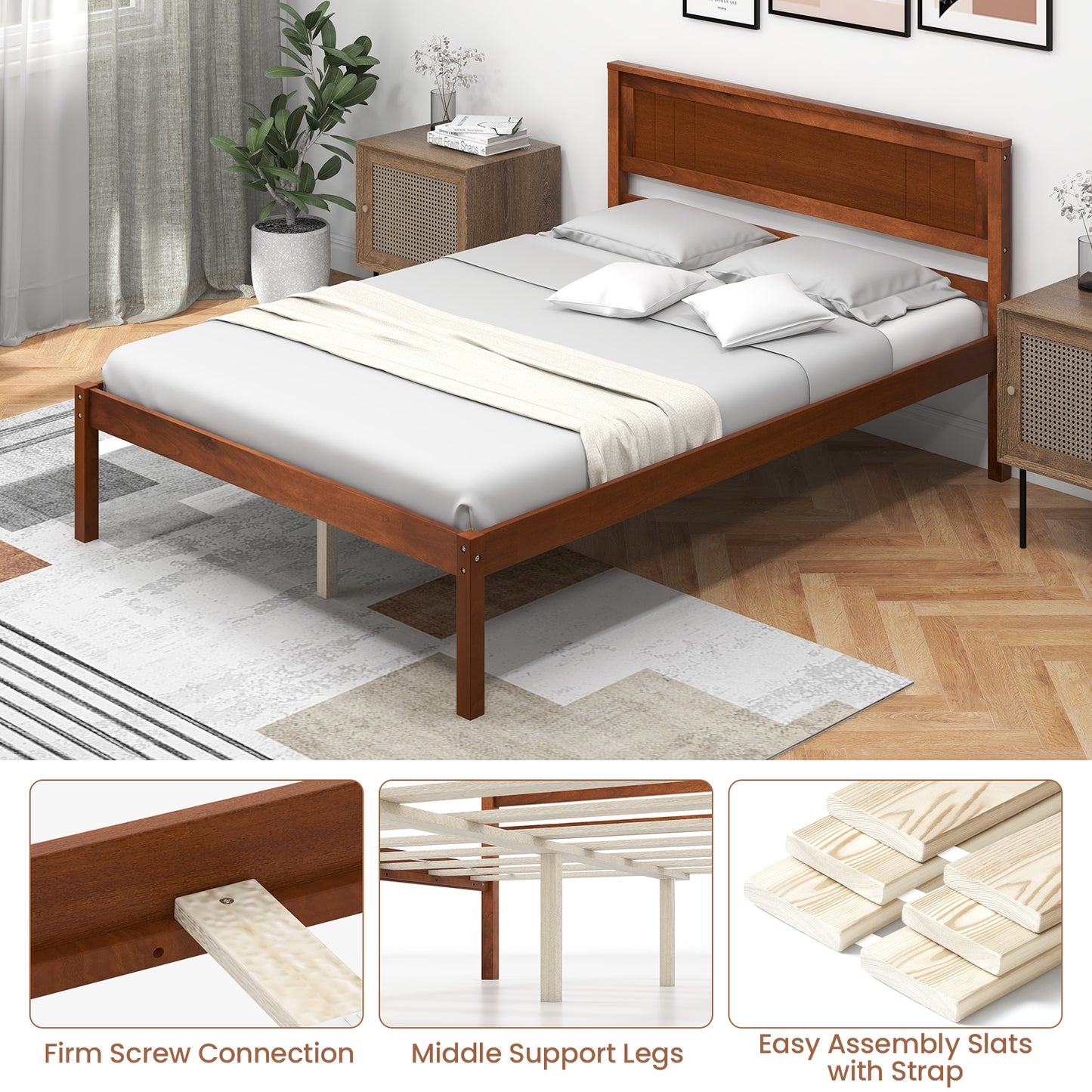 Classic Walnut Finish Wooden Bed Frame with Headboard and Slat Support – Full Size