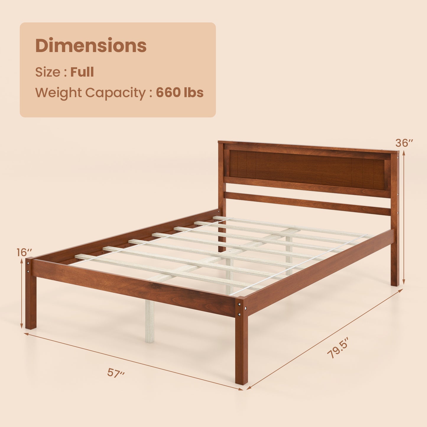 Classic Walnut Finish Wooden Bed Frame with Headboard and Slat Support – Full Size