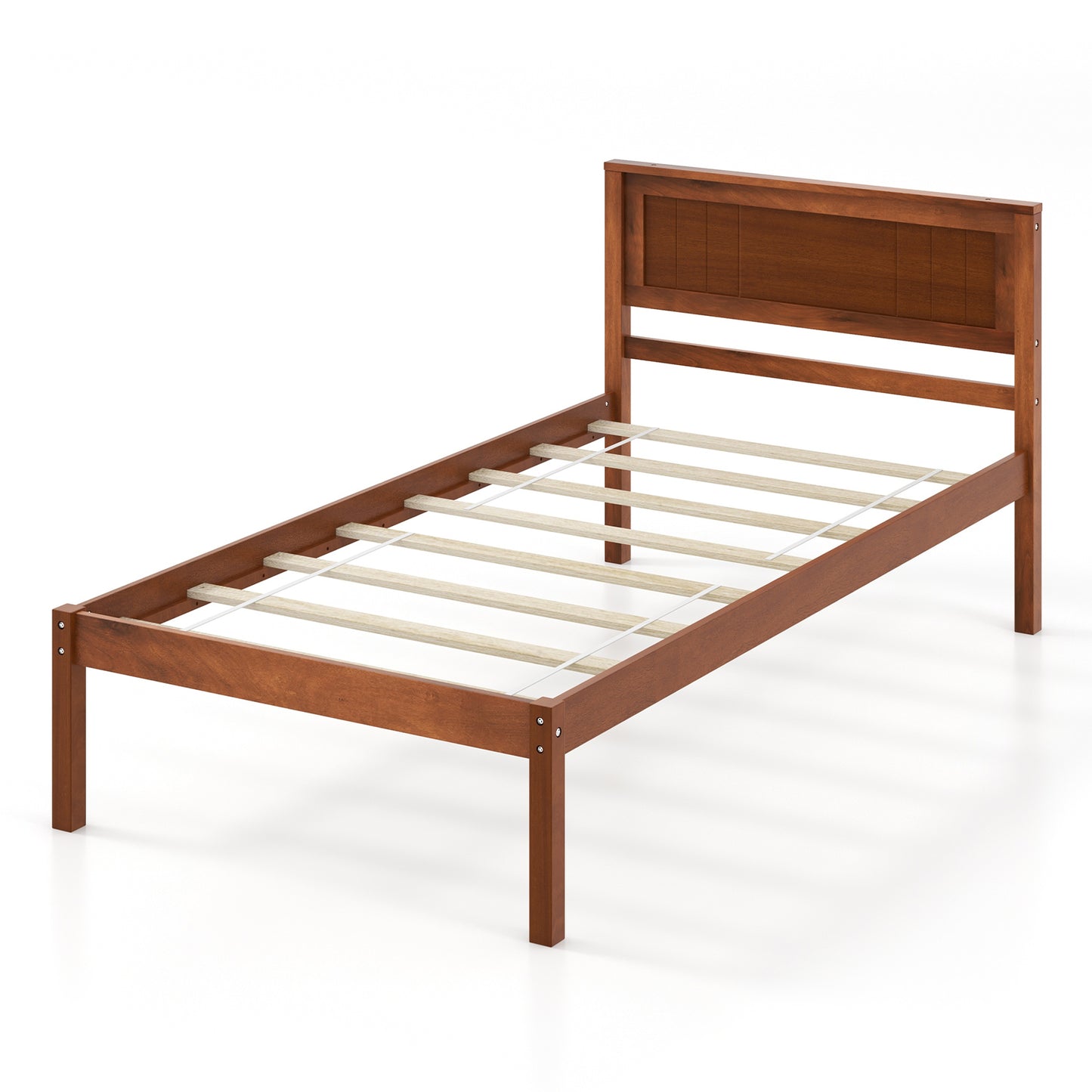 Classic Walnut Finish Wooden Bed Frame with Headboard and Slat Support – Twin Size