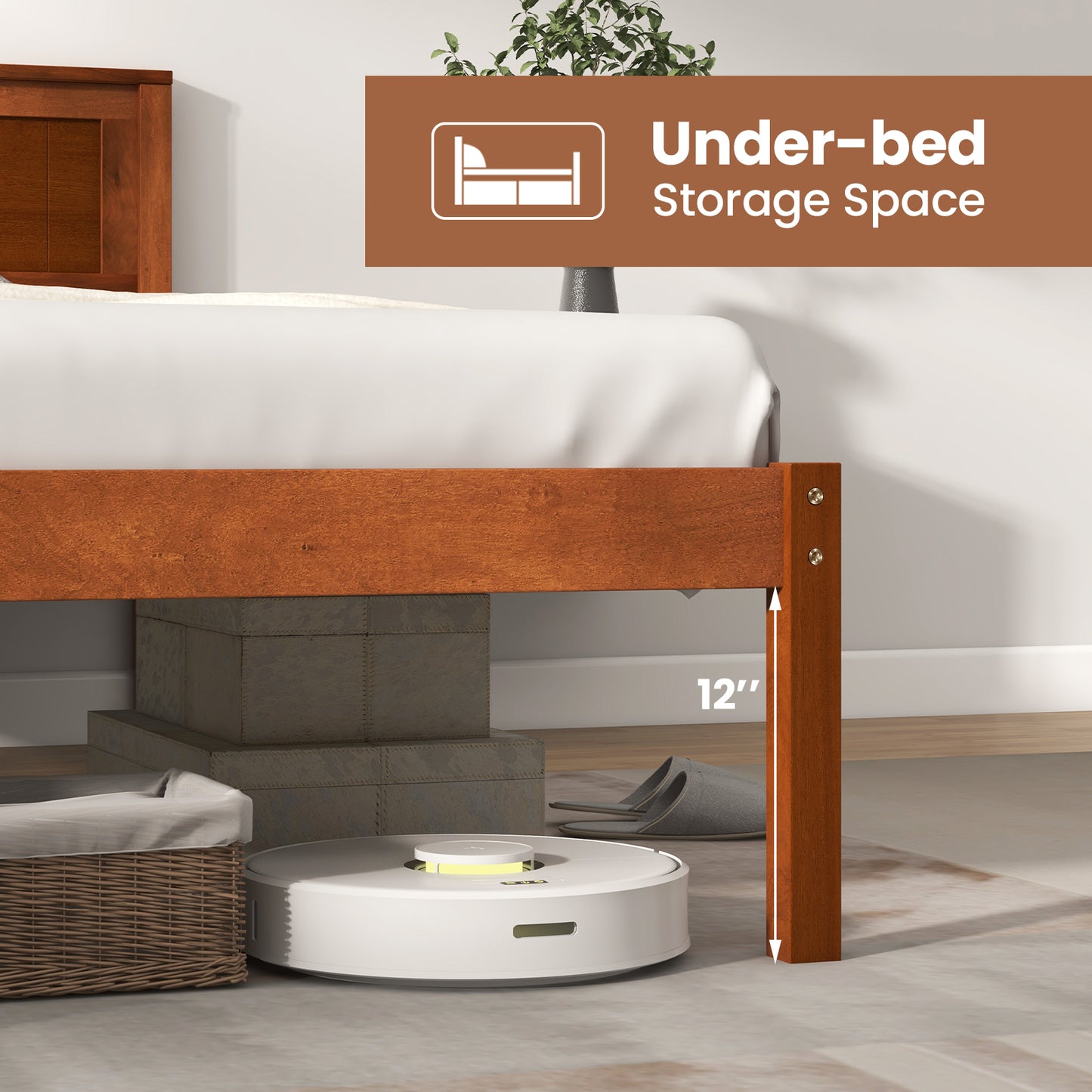 Classic Walnut Finish Wooden Bed Frame with Headboard and Slat Support – Twin Size