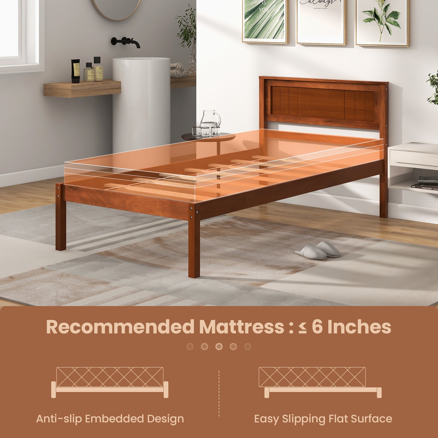 Classic Walnut Finish Wooden Bed Frame with Headboard and Slat Support – Twin Size