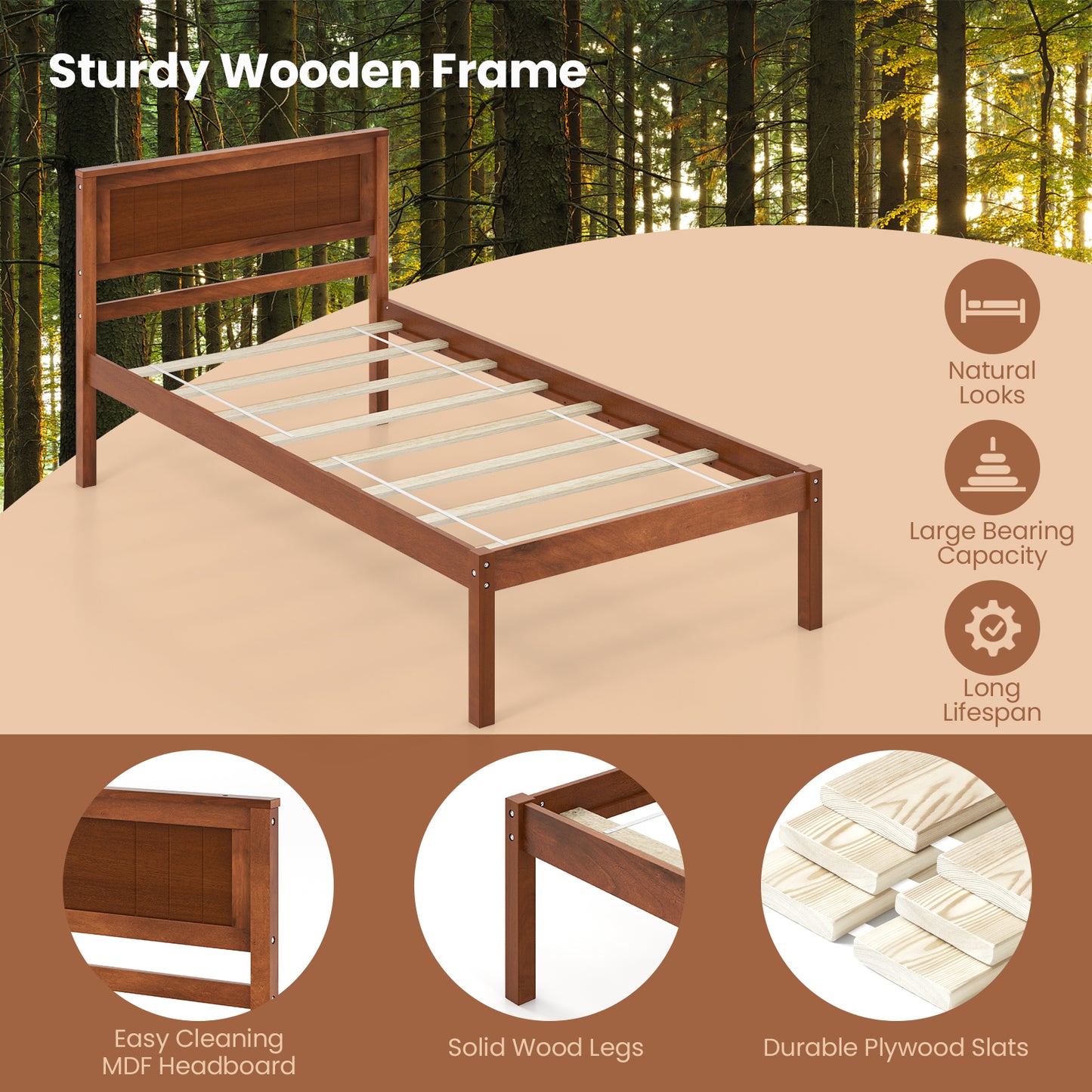 Classic Walnut Finish Wooden Bed Frame with Headboard and Slat Support – Twin Size