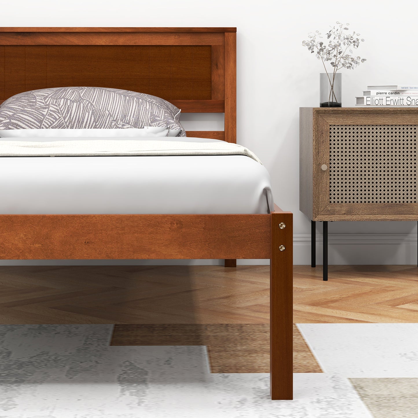 Classic Walnut Finish Wooden Bed Frame with Headboard and Slat Support – Twin Size