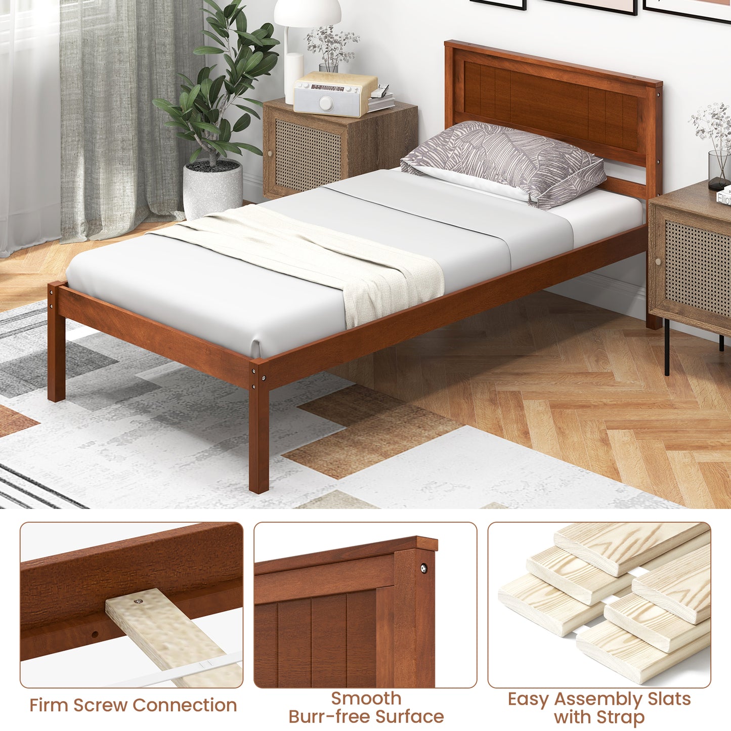 Classic Walnut Finish Wooden Bed Frame with Headboard and Slat Support – Twin Size