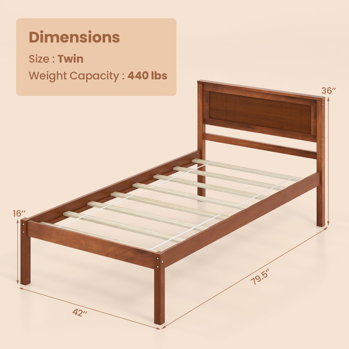 Classic Walnut Finish Wooden Bed Frame with Headboard and Slat Support – Twin Size