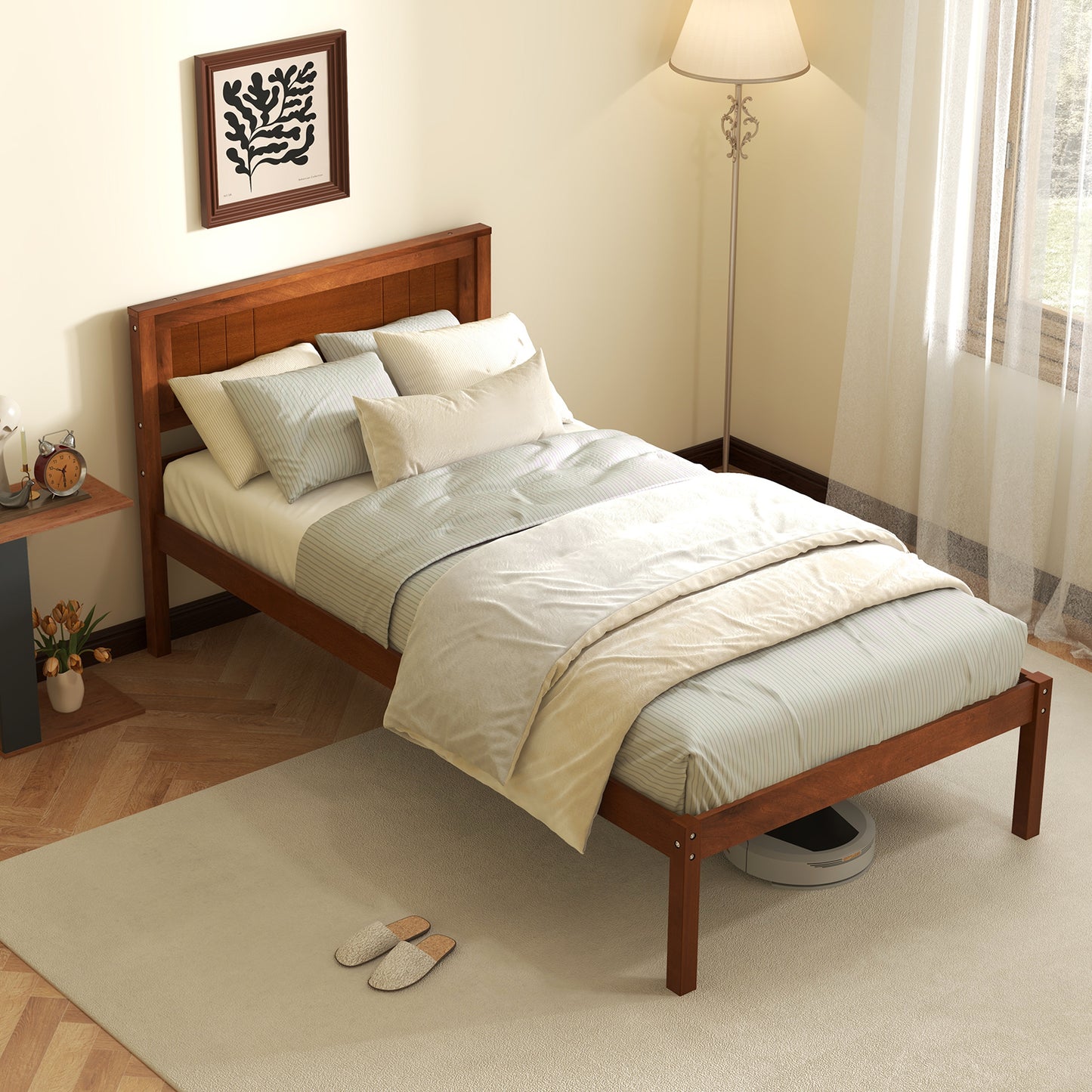 Classic Walnut Finish Wooden Bed Frame with Headboard and Slat Support – Twin Size