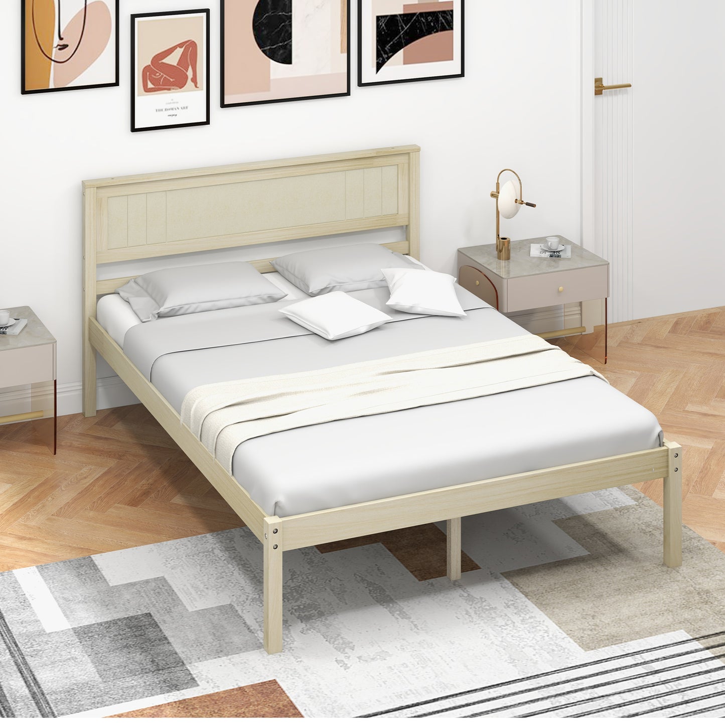 Classic Natural Finish Wooden Bed Frame with Headboard and Slat Support - Full Size