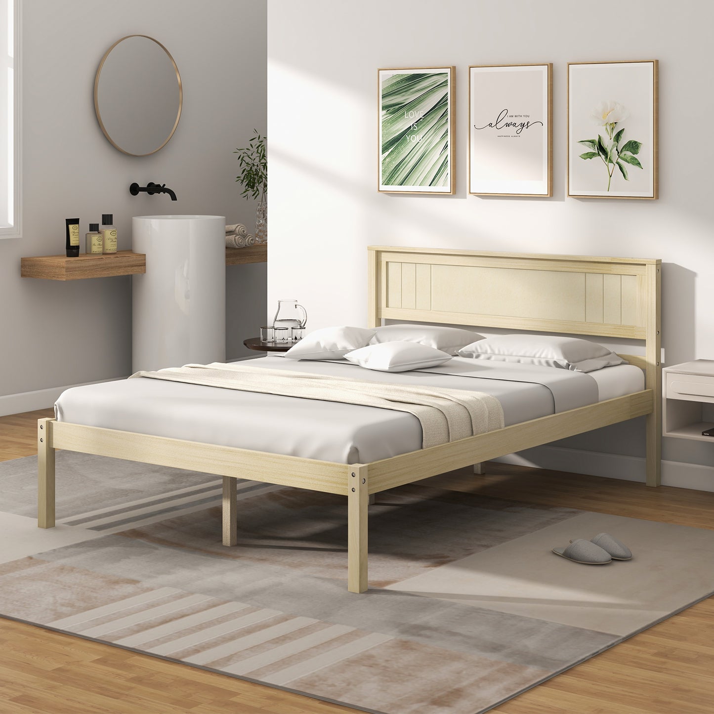Classic Natural Finish Wooden Bed Frame with Headboard and Slat Support - Full Size