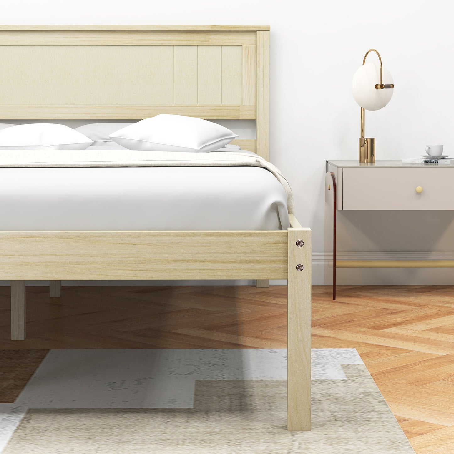 Classic Natural Finish Wooden Bed Frame with Headboard and Slat Support - Full Size