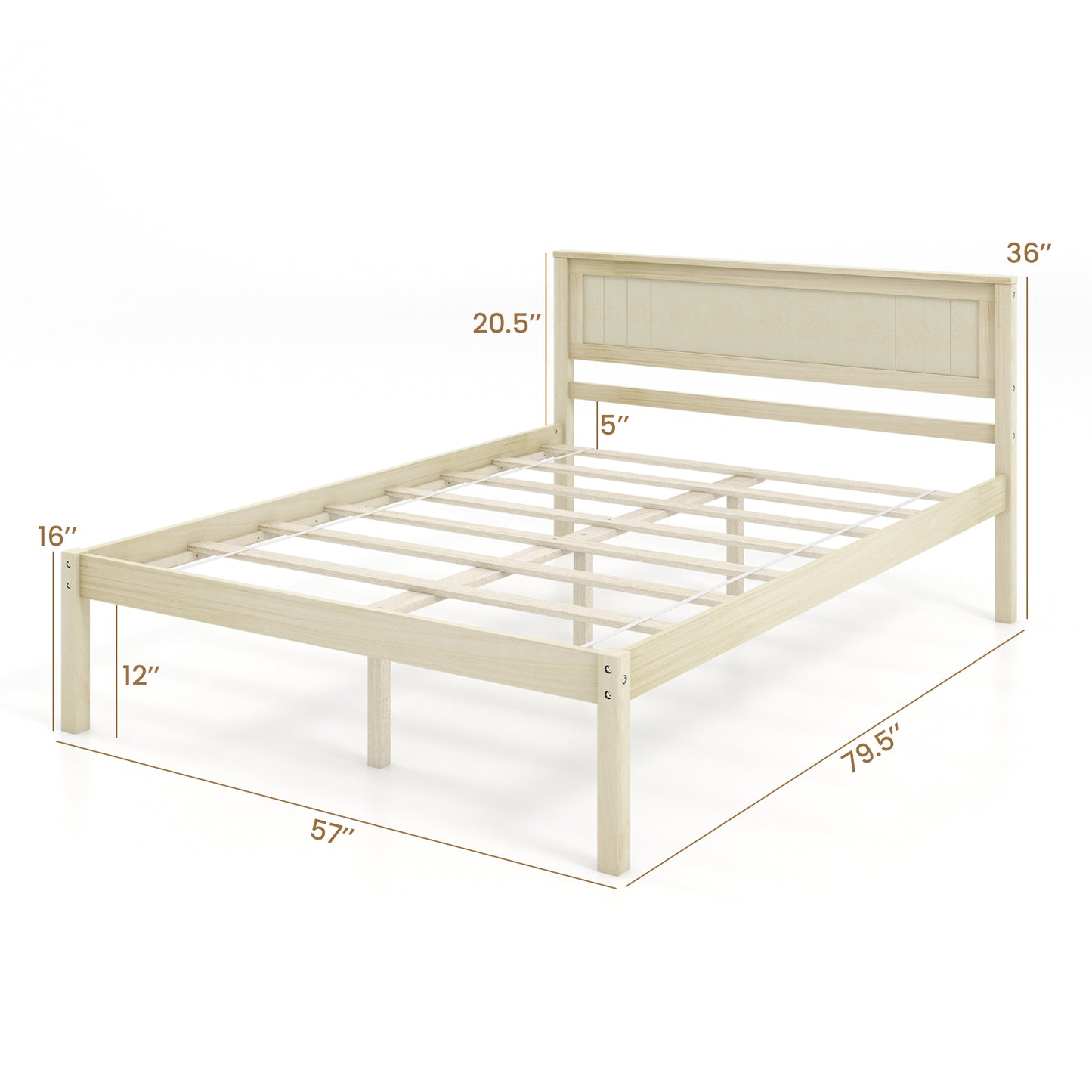Classic Natural Finish Wooden Bed Frame with Headboard and Slat Support - Full Size