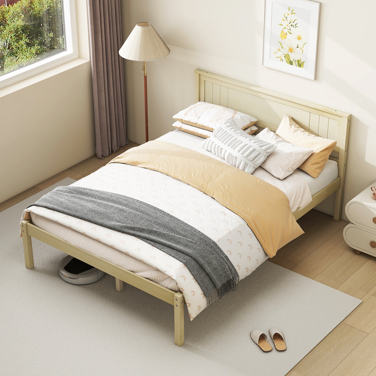 Classic Natural Finish Wooden Bed Frame with Headboard and Slat Support - Full Size