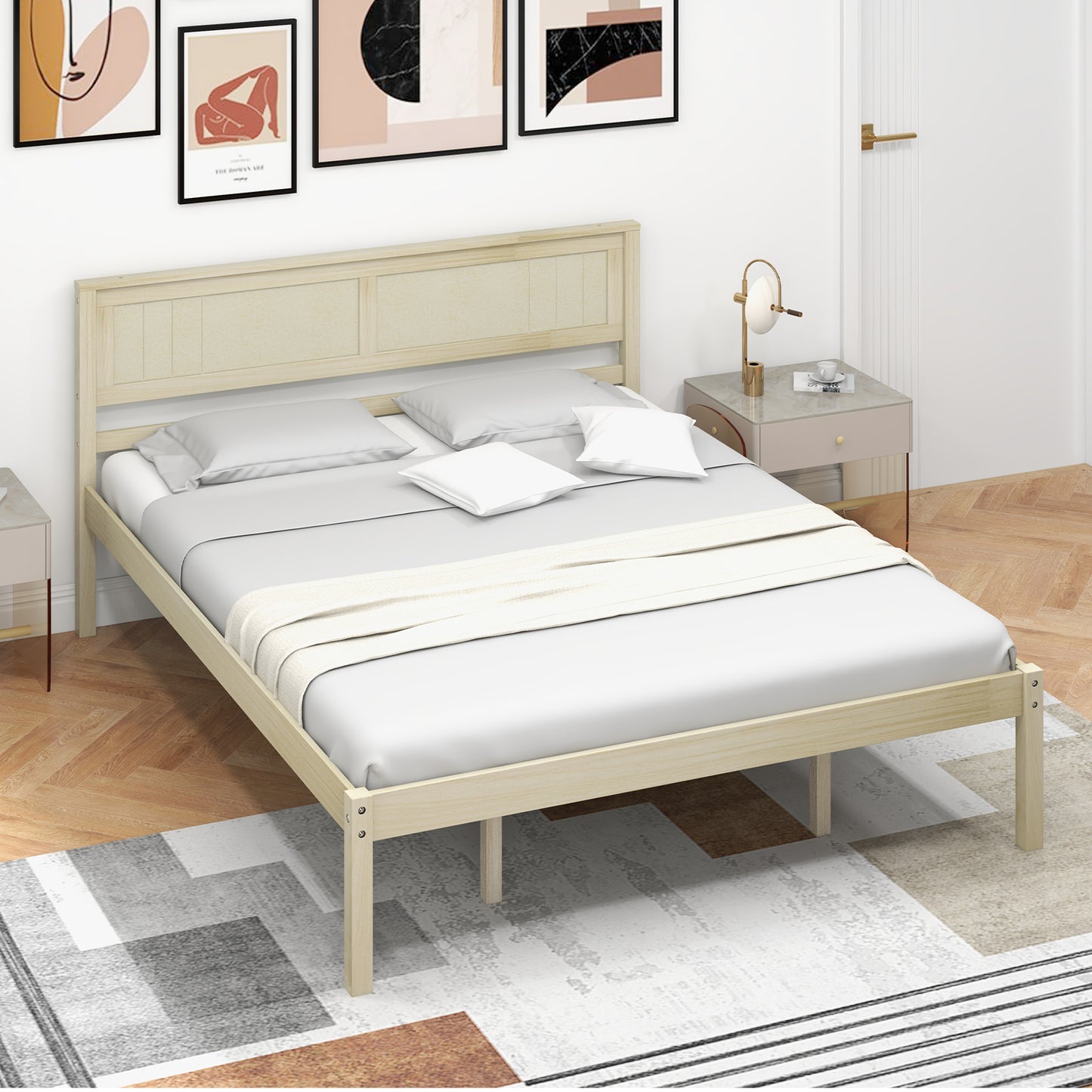 Classic Natural Finish Wooden Bed Frame with Headboard and Slat Support - Queen Size