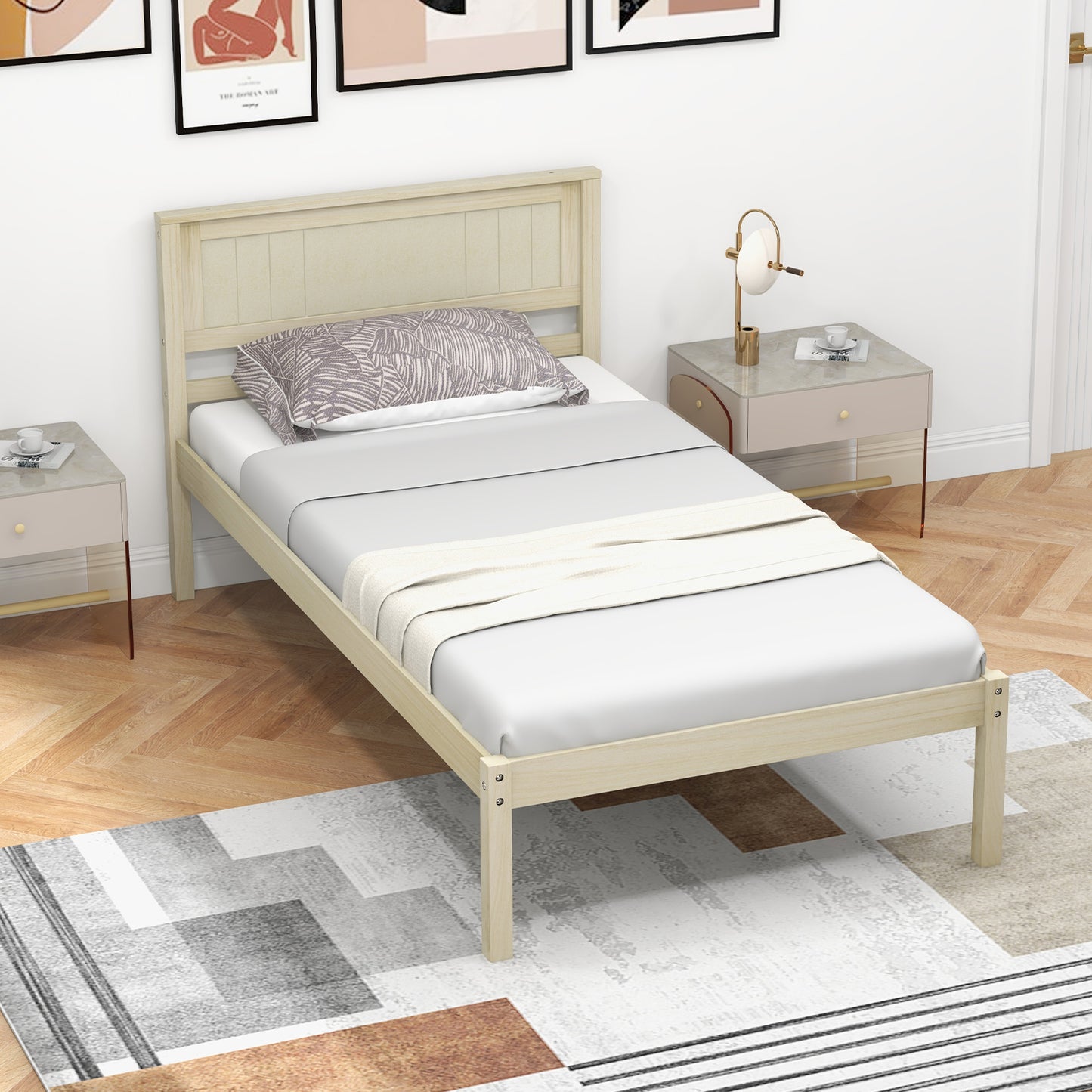 Classic Natural Finish Wooden Bed Frame with Headboard and Slat Support - Twin Size