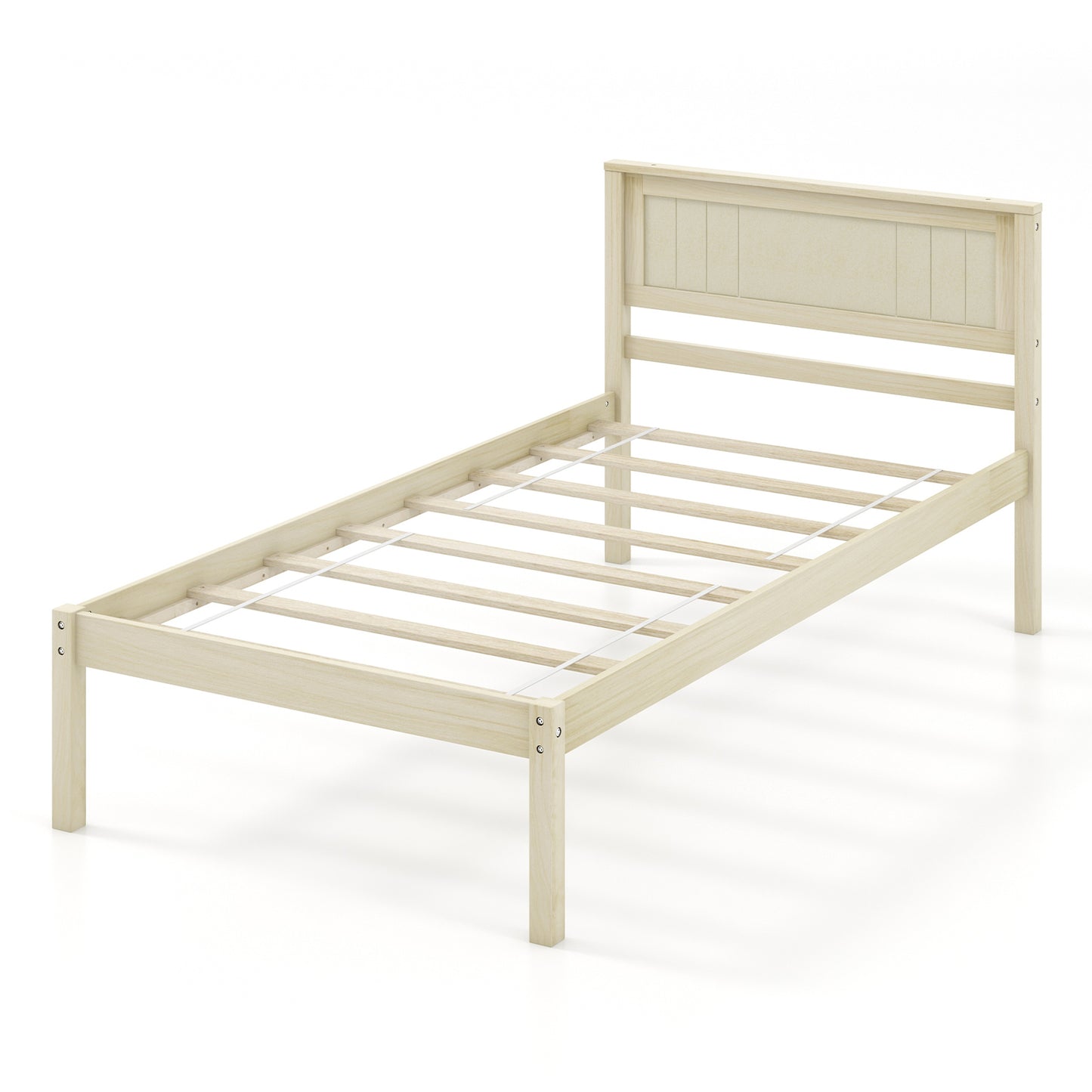 Classic Natural Finish Wooden Bed Frame with Headboard and Slat Support - Twin Size