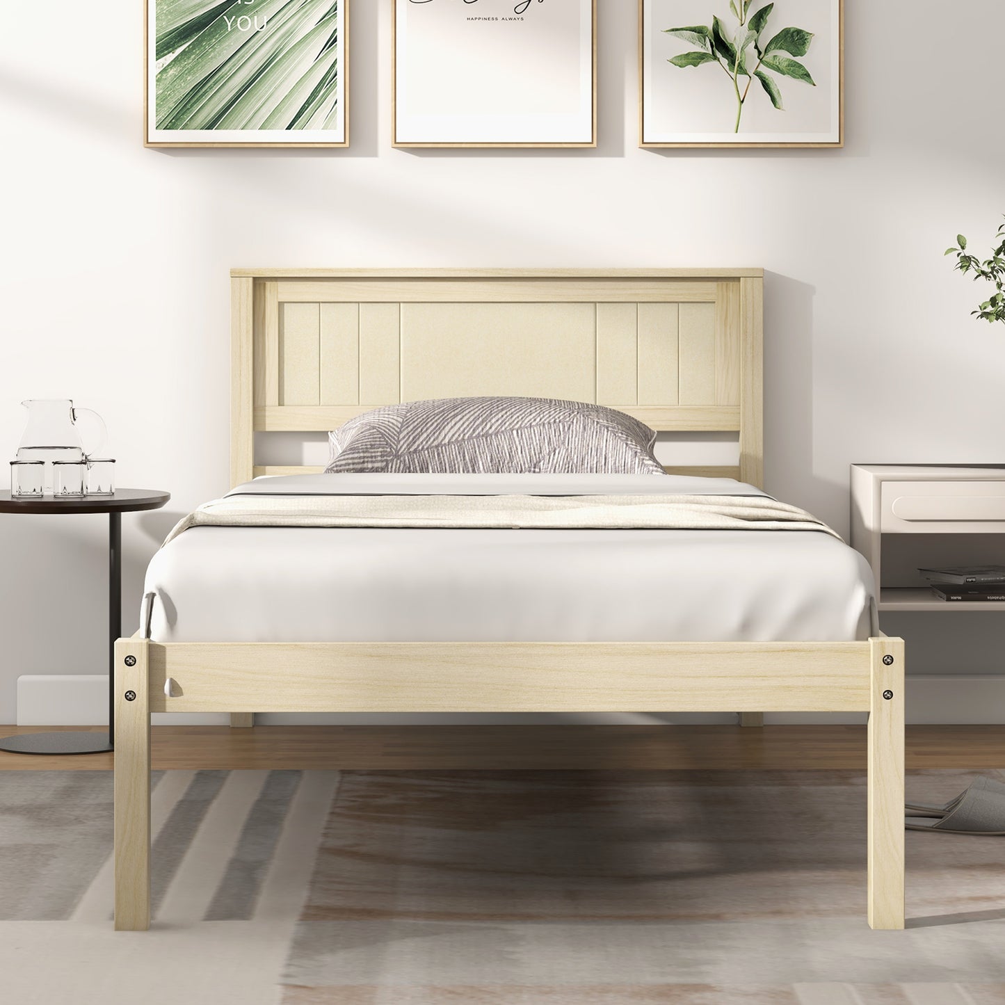 Classic Natural Finish Wooden Bed Frame with Headboard and Slat Support - Twin Size