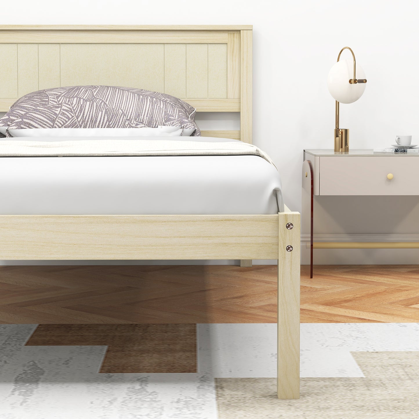 Classic Natural Finish Wooden Bed Frame with Headboard and Slat Support - Twin Size