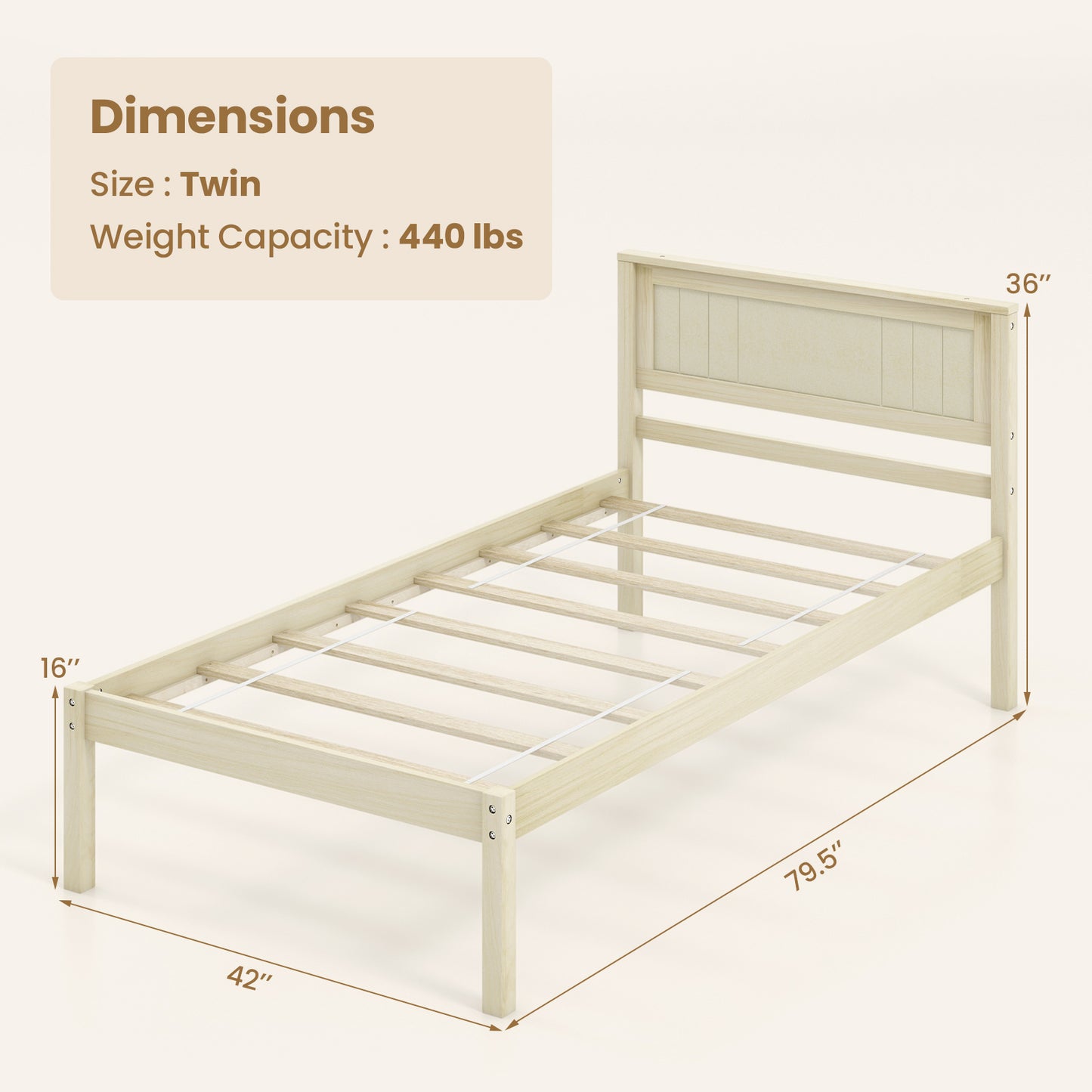 Classic Natural Finish Wooden Bed Frame with Headboard and Slat Support - Twin Size