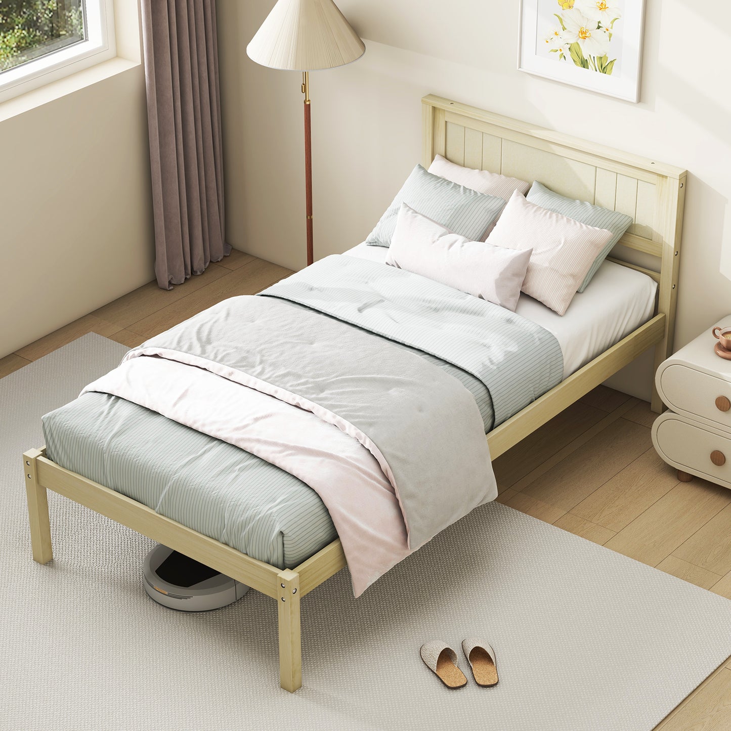 Classic Natural Finish Wooden Bed Frame with Headboard and Slat Support - Twin Size