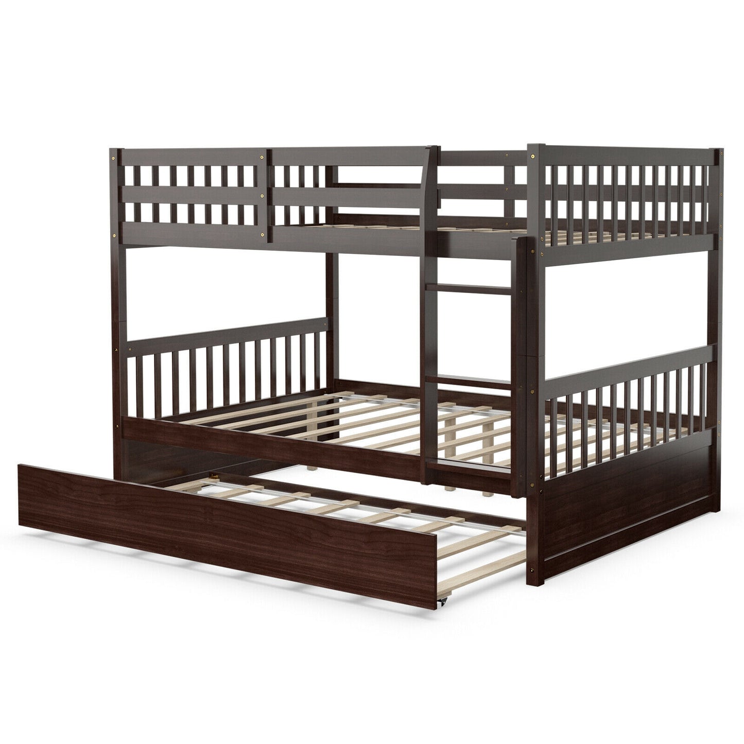 Modern Full Over Full Bunk Bed with Trundle, Ladder, and Pine Wood Frame - Brown