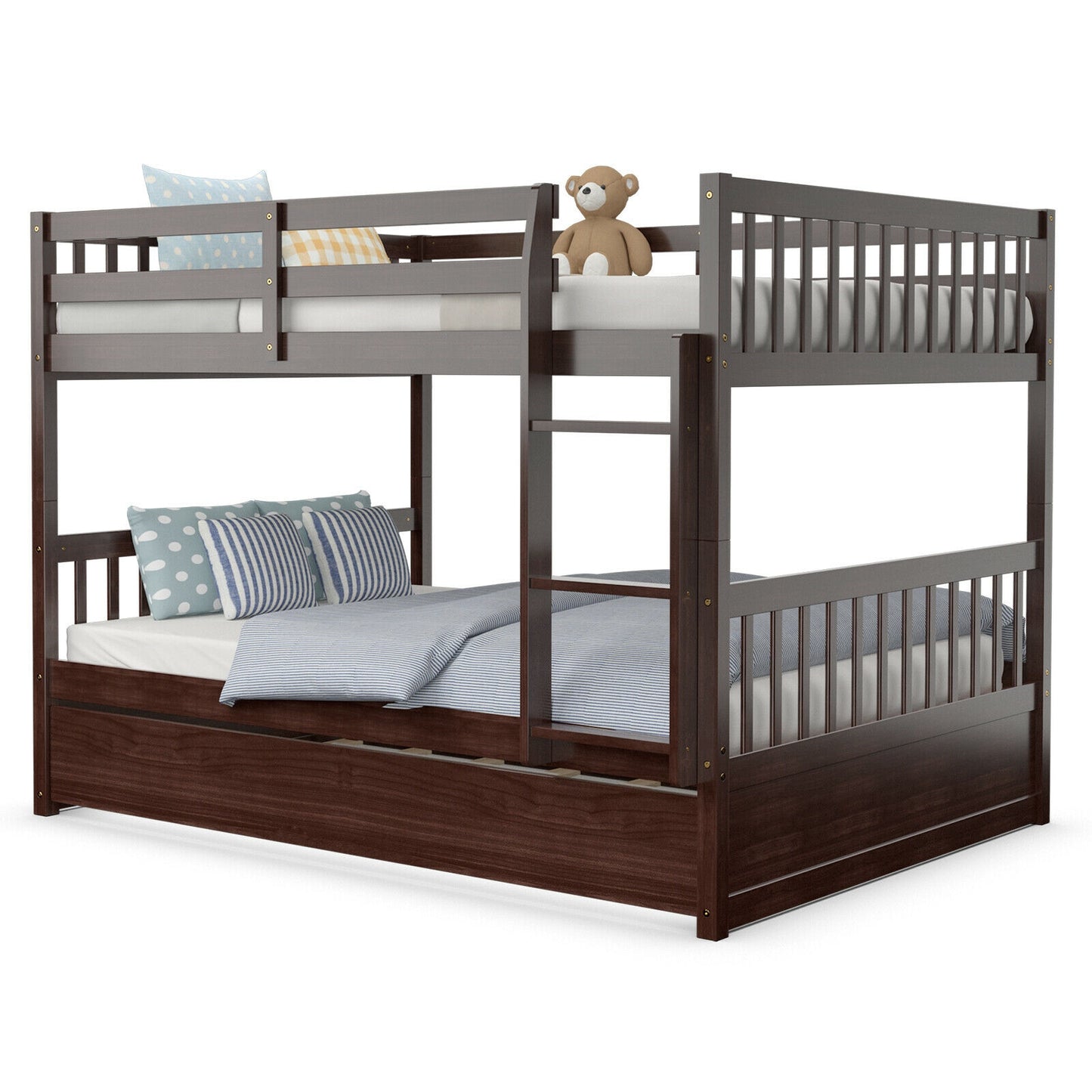 Modern Full Over Full Bunk Bed with Trundle, Ladder, and Pine Wood Frame - Brown