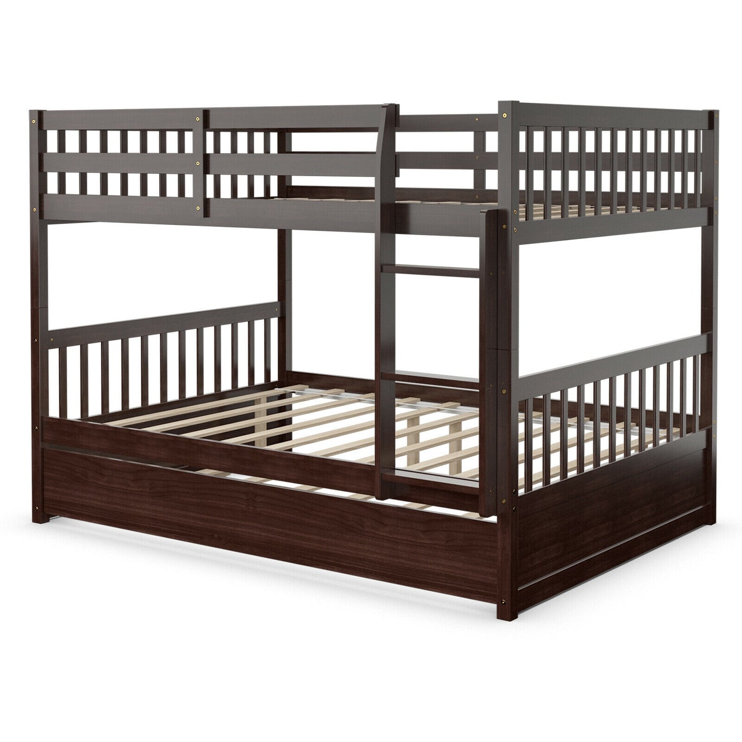 Modern Full Over Full Bunk Bed with Trundle, Ladder, and Pine Wood Frame - Brown