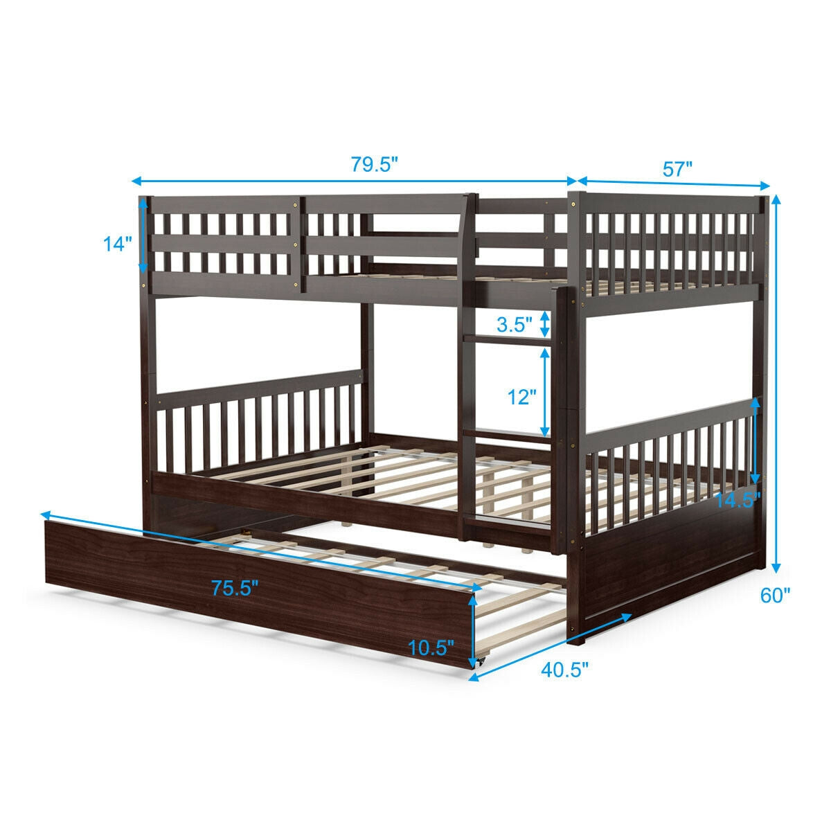 Modern Full Over Full Bunk Bed with Trundle, Ladder, and Pine Wood Frame - Brown