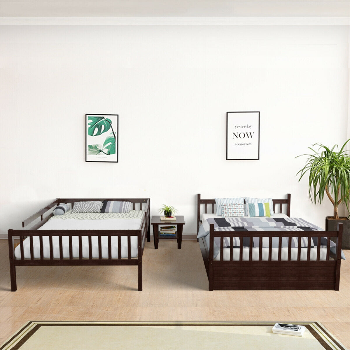 Modern Full Over Full Bunk Bed with Trundle, Ladder, and Pine Wood Frame - Brown