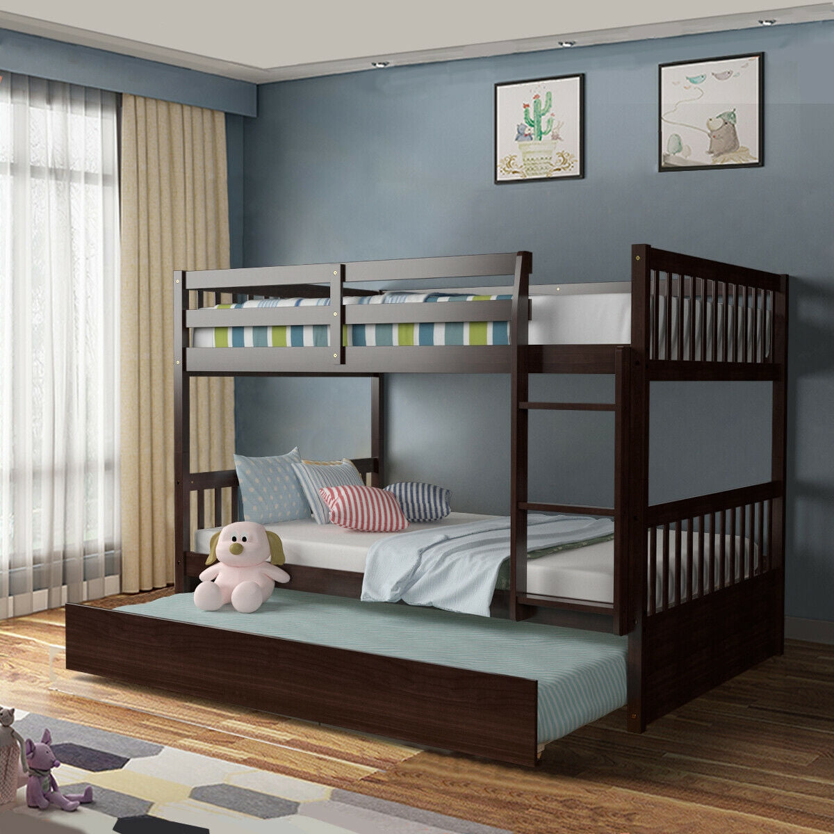 Modern Full Over Full Bunk Bed with Trundle, Ladder, and Pine Wood Frame - Brown