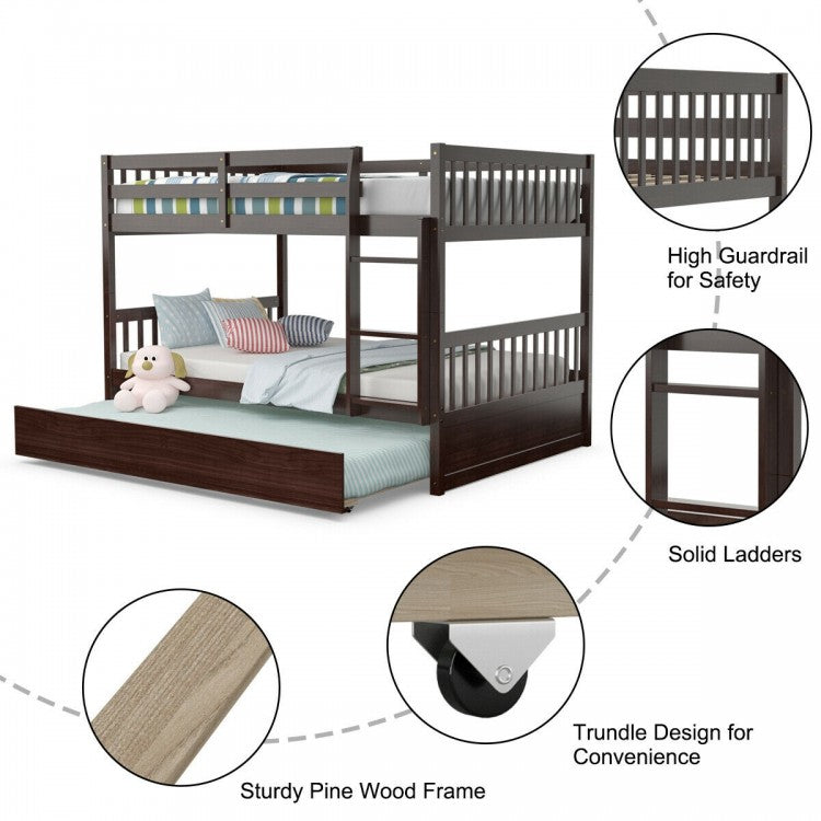 Modern Full Over Full Bunk Bed with Trundle, Ladder, and Pine Wood Frame - Brown