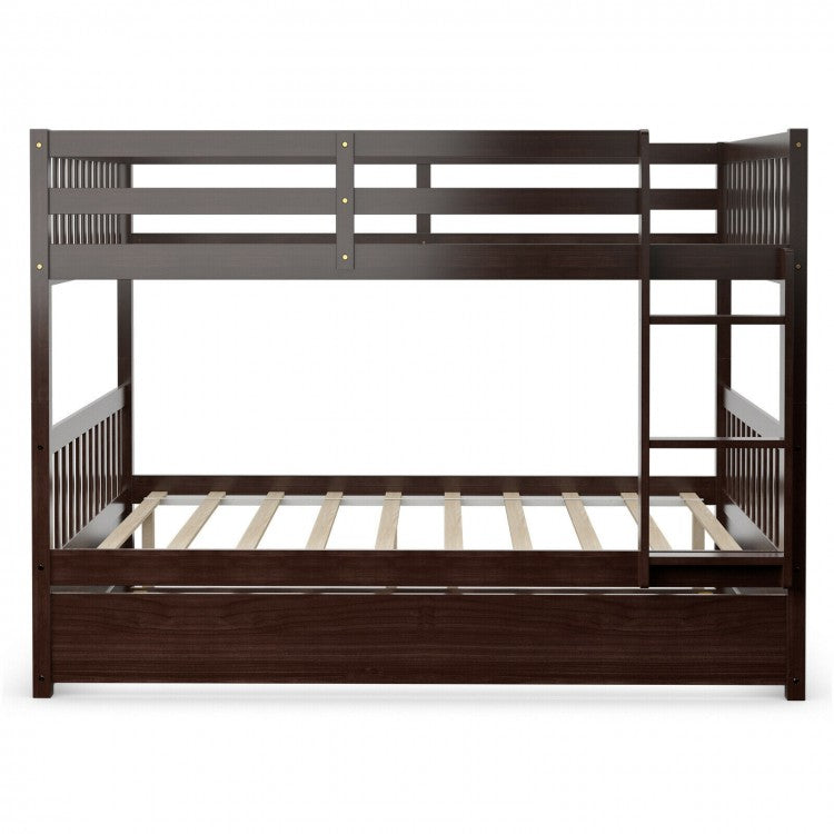 Modern Full Over Full Bunk Bed with Trundle, Ladder, and Pine Wood Frame - Brown