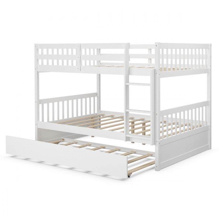 Modern Full Over Full Bunk Bed with Trundle, Ladder, and Pine Wood Frame - White